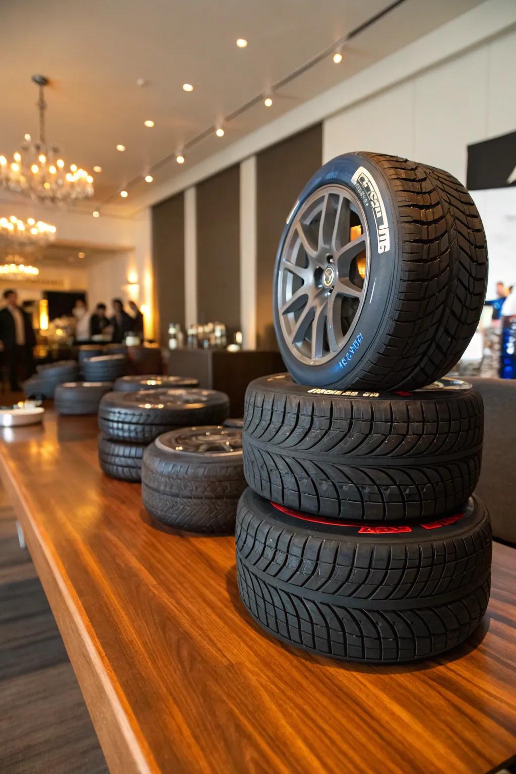 These tire centerpieces add a fun and unexpected element to your race car party decor.