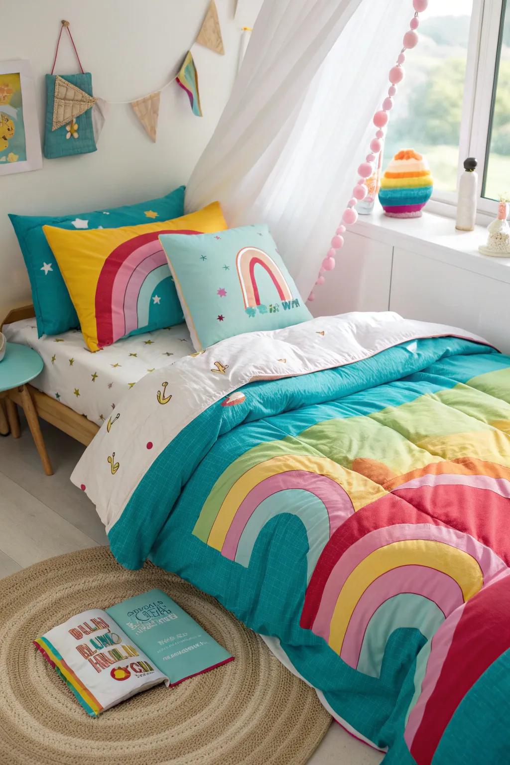 A rainbow-themed bedding set turns the bed into a vibrant oasis of comfort and style.