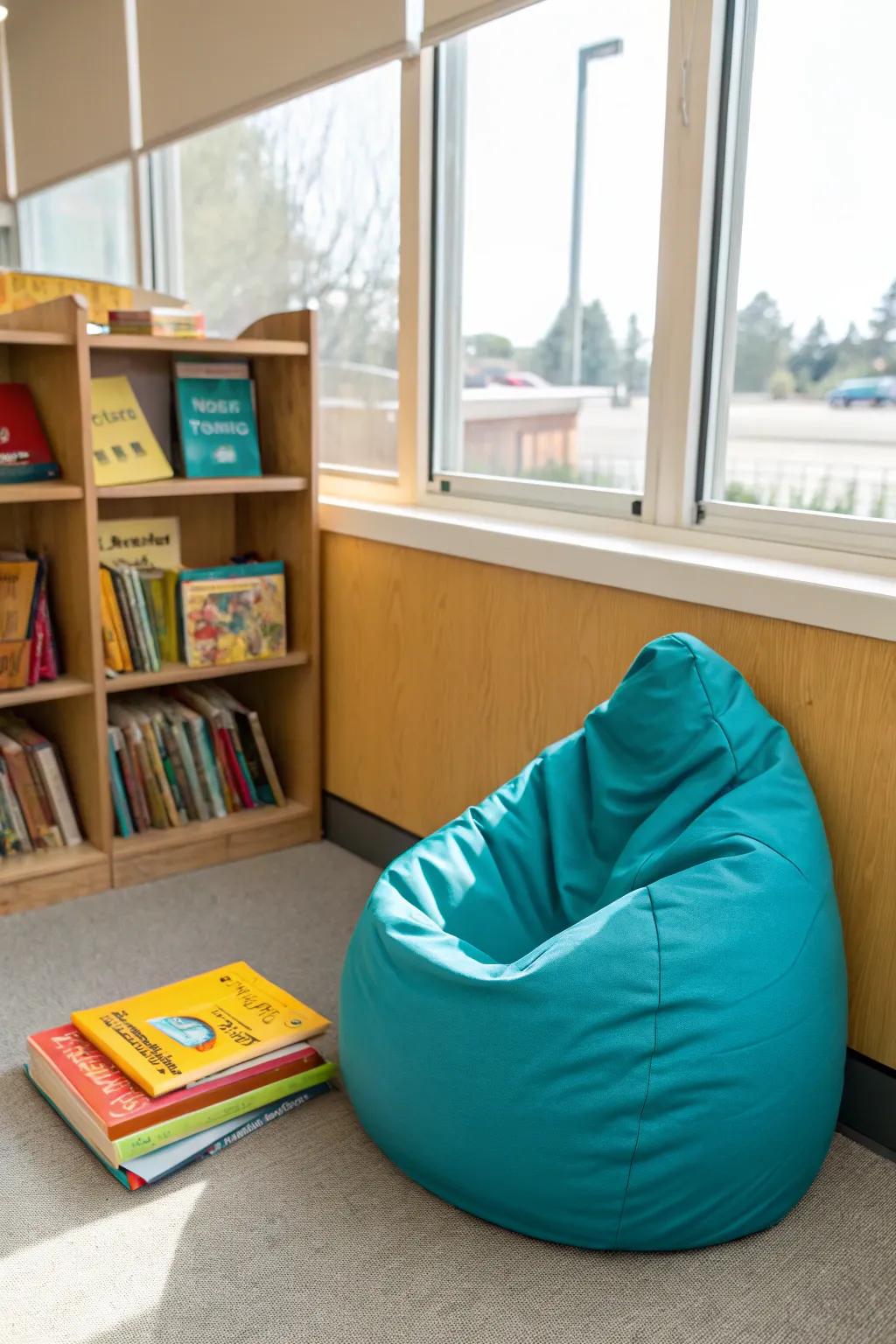 Comfort meets creativity with vibrant bean bags in your reading corner.