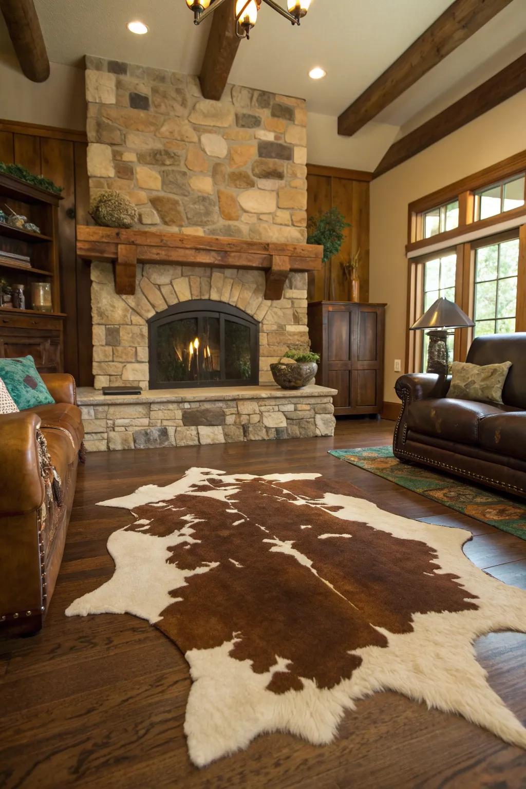 Embrace rustic elegance with a cowhide rug that complements your fireplace.