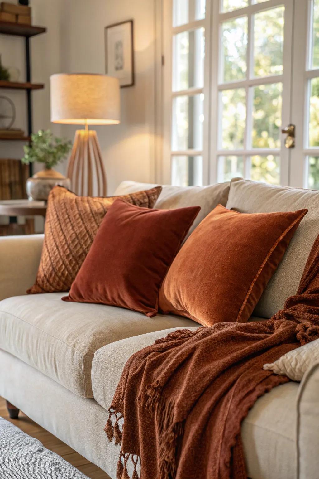 Rust pillows add a pop of color and warmth to a neutral sofa setup.