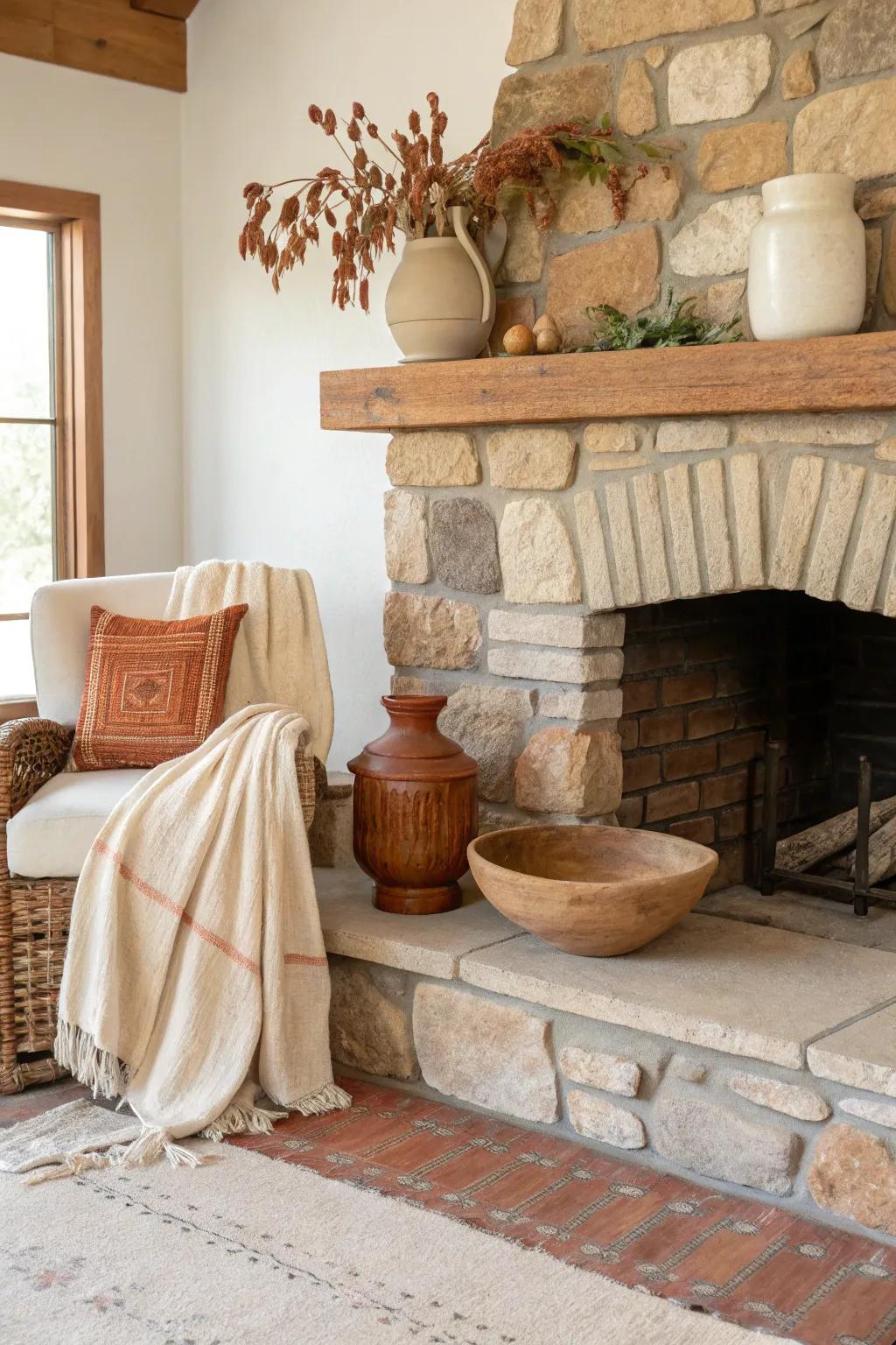 Achieve timeless elegance with a stone and brick surround that complements your rustic mantel.