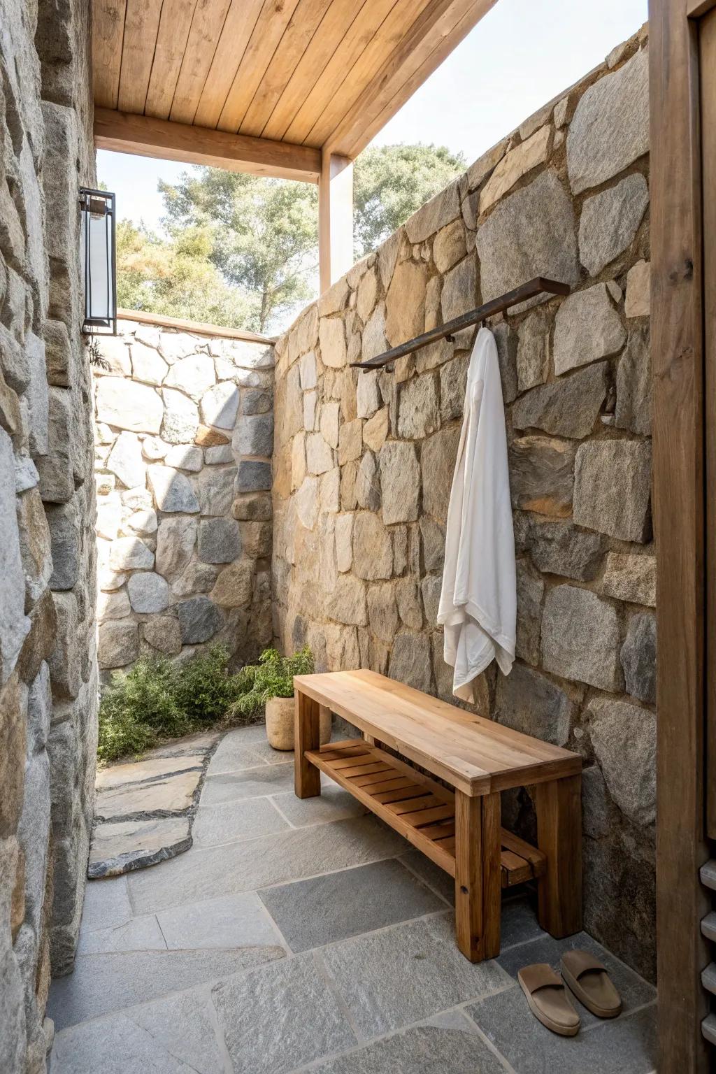 Wood accents in a stone shower add warmth and a touch of rustic charm, inviting you to unwind. #RusticDesign #HomeInspiration