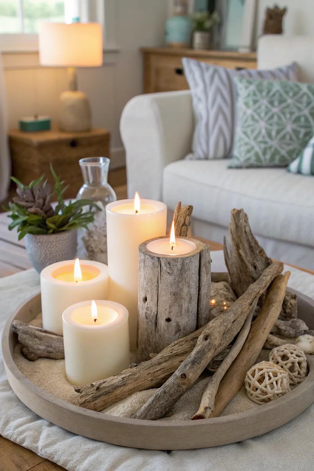 Bring rustic charm to your table with driftwood and candles, a centerpiece that evokes the beach's natural beauty.