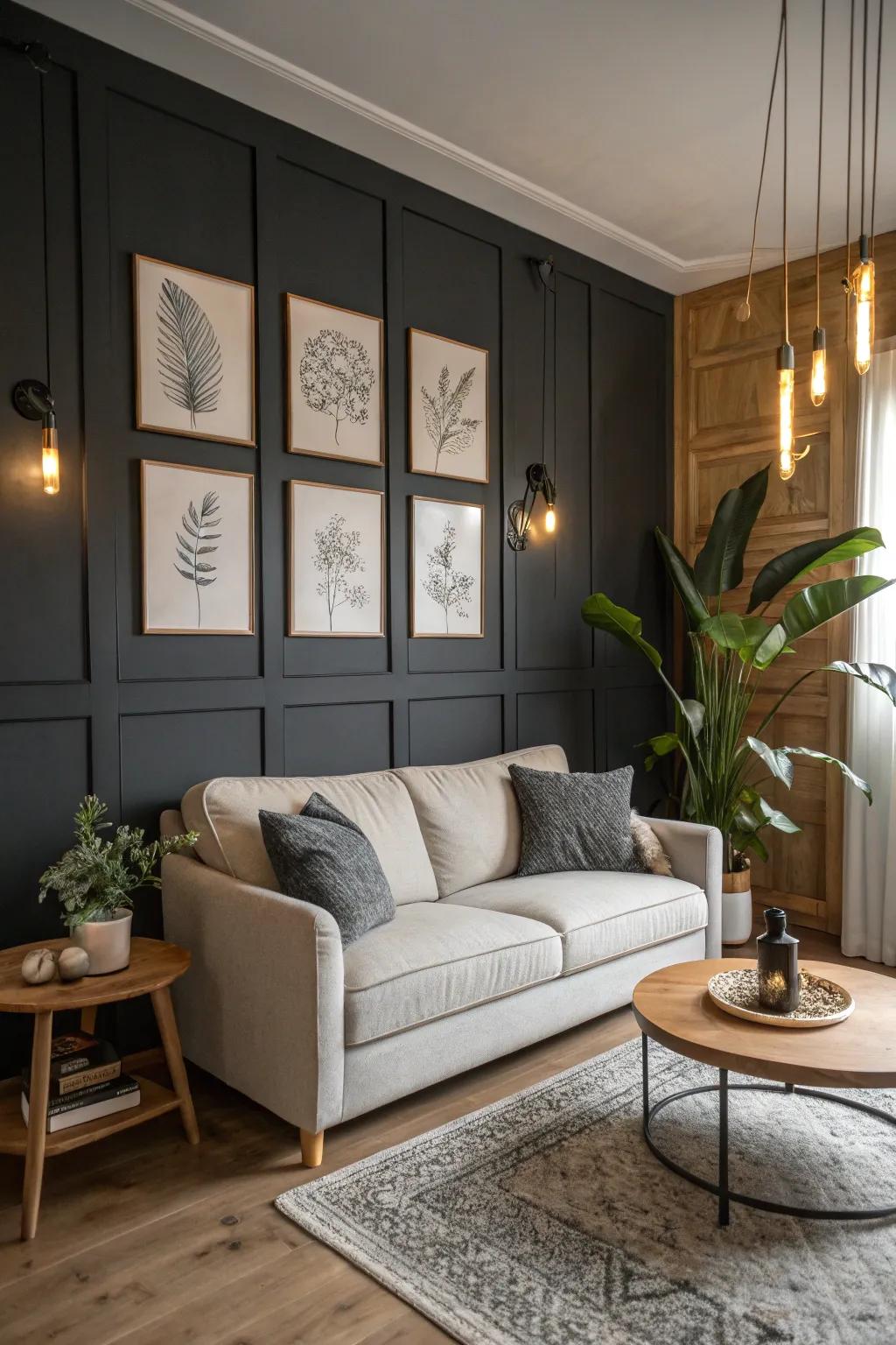 Embrace the allure of a dark slate wall for a moody and sophisticated ambiance.
