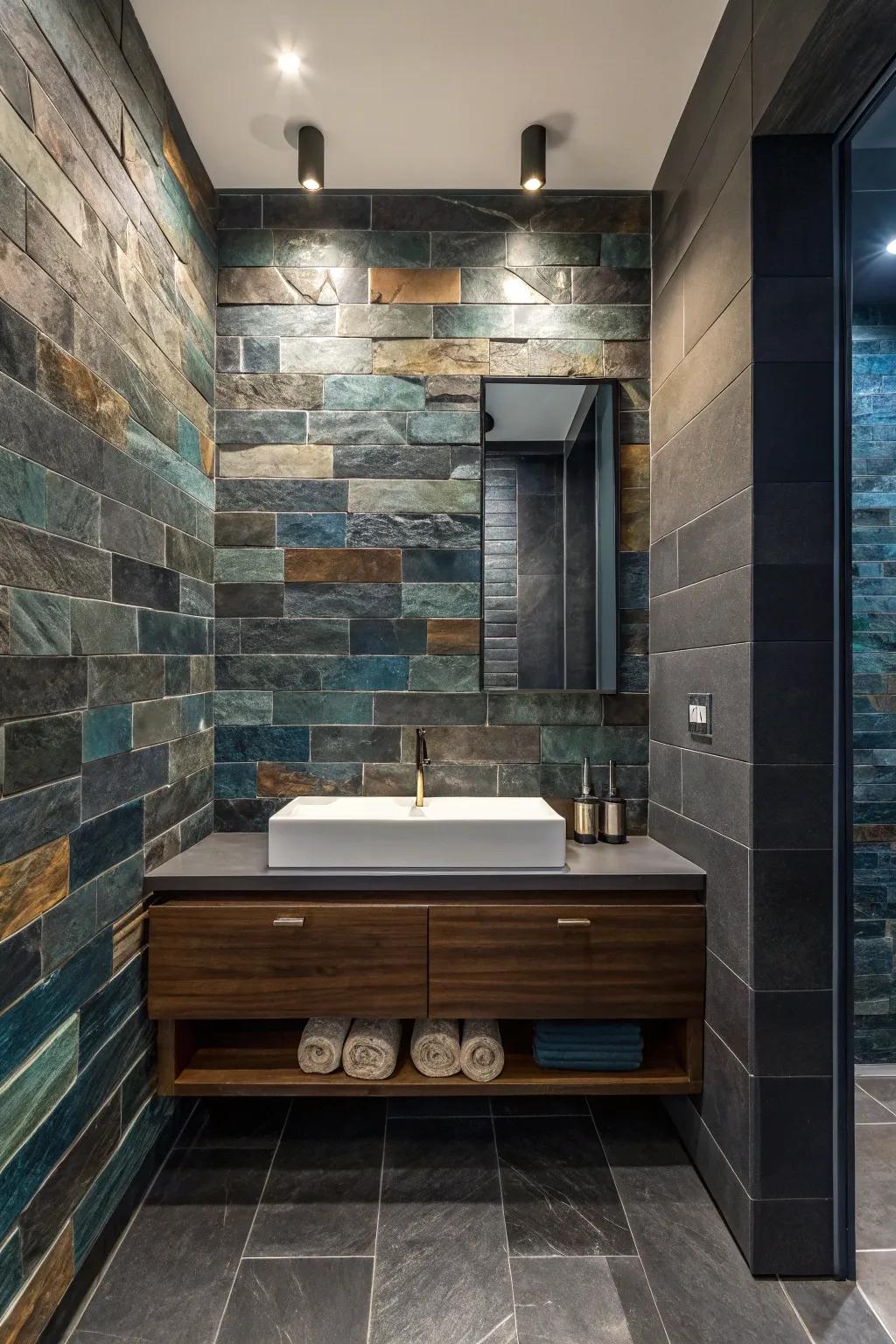 Transform your bathroom with a stunning slate mosaic that captivates with its intricate design.