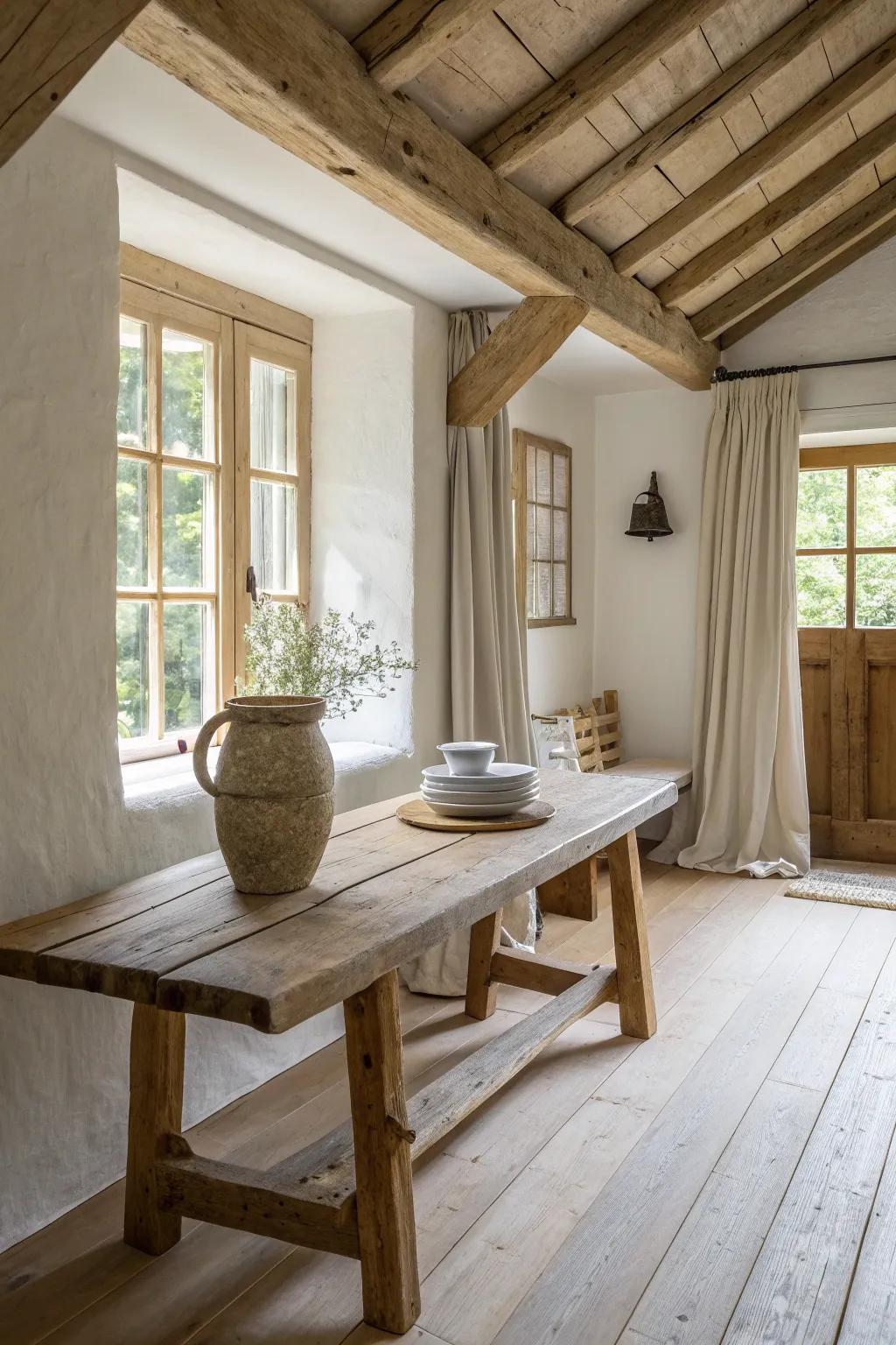 Bring nature indoors with the warmth of wood and stone, creating a rustic haven.