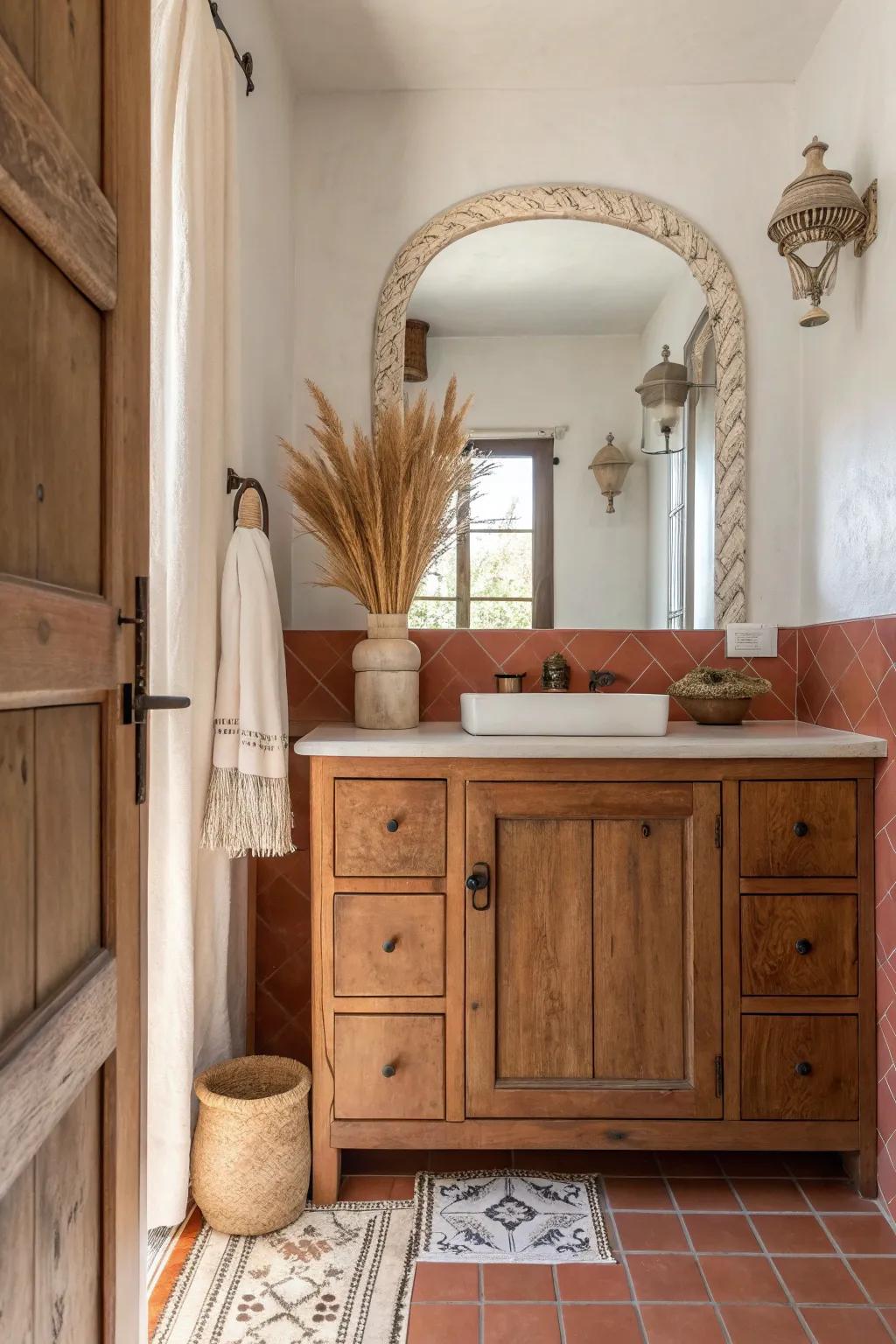 Rustic wooden elements bring an inviting and natural feel to your bathroom haven.
