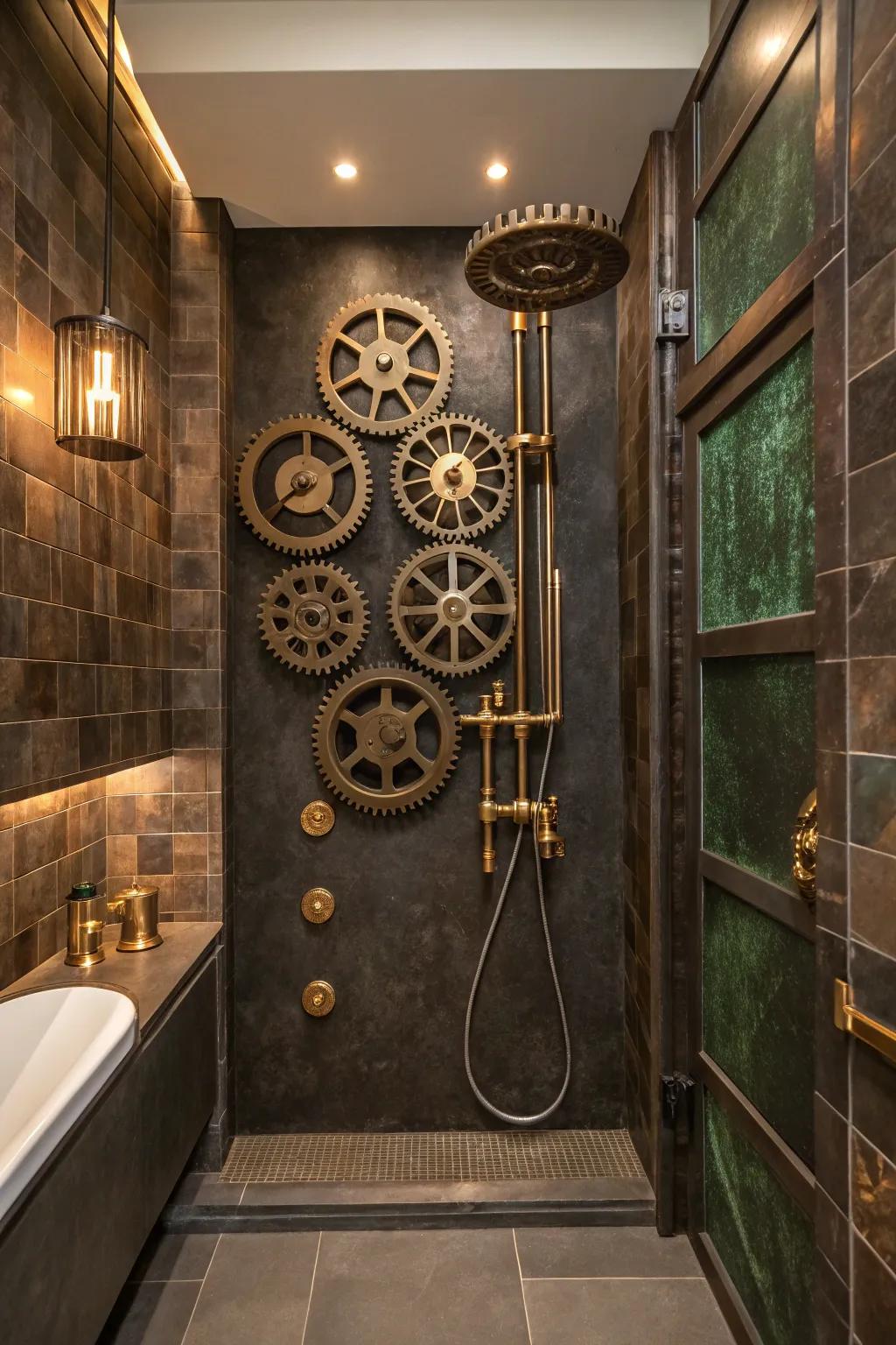 Add a touch of whimsy to your shower with gears and valves, making every shower feel like a step back in time.