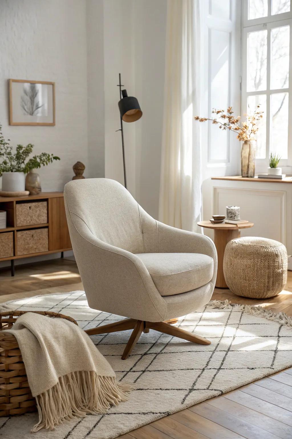 Neutral tones in swivel chairs bring a calming touch to your living room.
