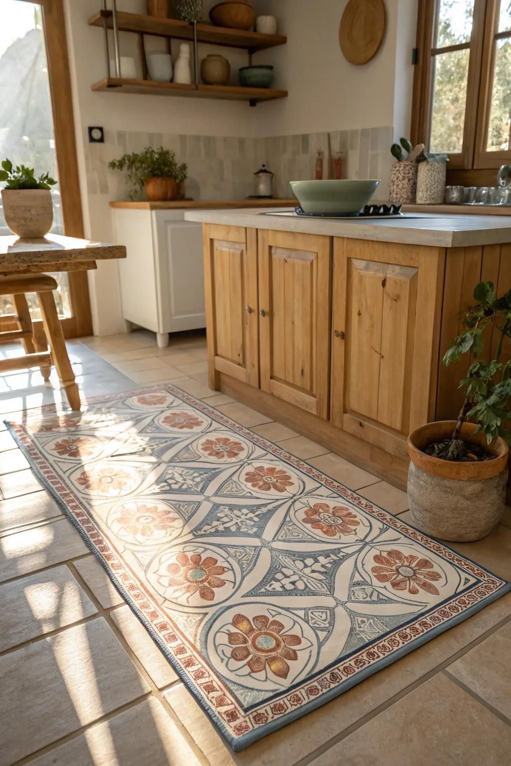 Transform your kitchen with a touch of artistry right underfoot.