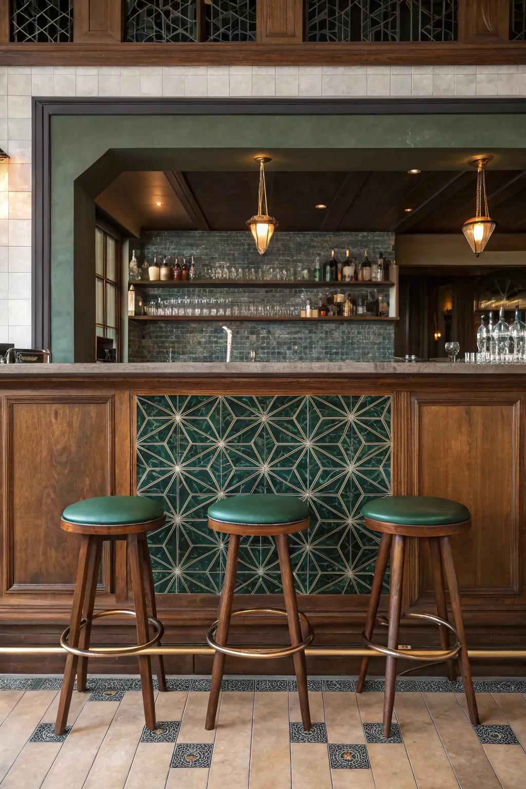 Achieve modern sophistication with geometric tiles that bring a sharp, clean look to your bar area.