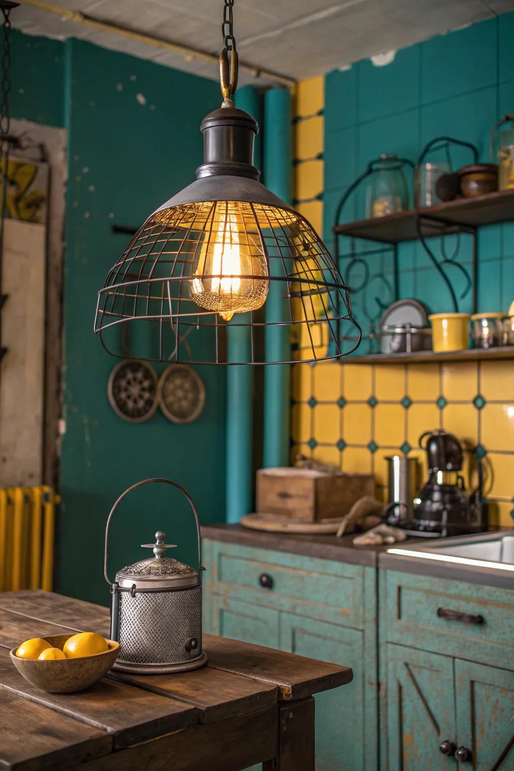 Industrial lighting blends raw charm with vintage elegance for a truly unique kitchen vibe.