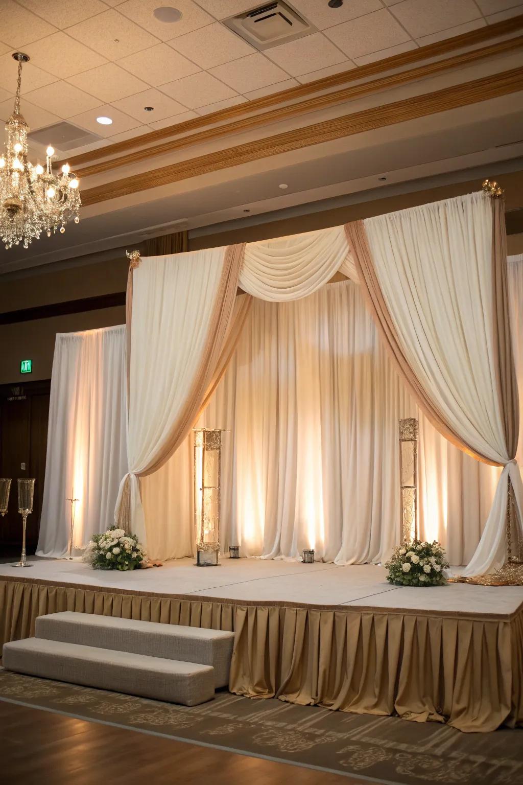 Create a dreamy atmosphere with elegant drapery that adds a touch of sophistication to your wedding stage.