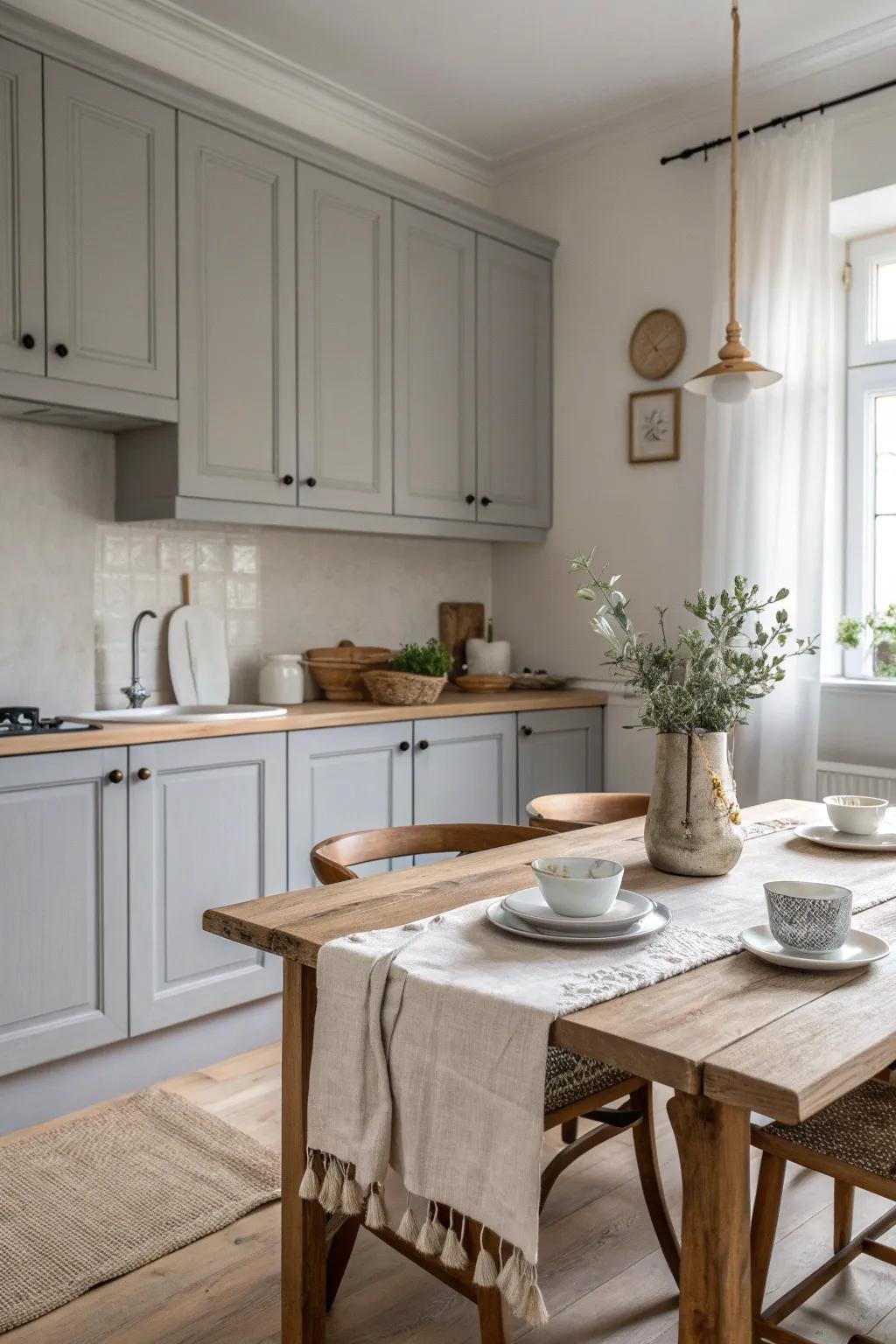 Add warmth to your kitchen with soft cream walls that beautifully complement gray cabinets.