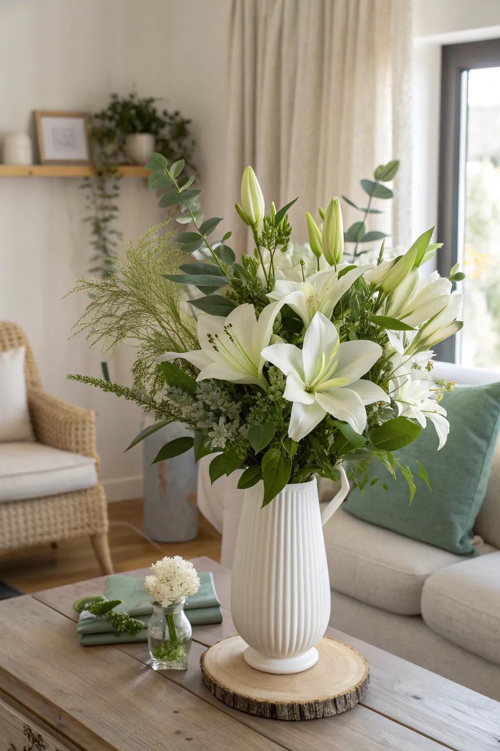 A breath of fresh air: White lilies paired with greenery create a lively home ambiance.