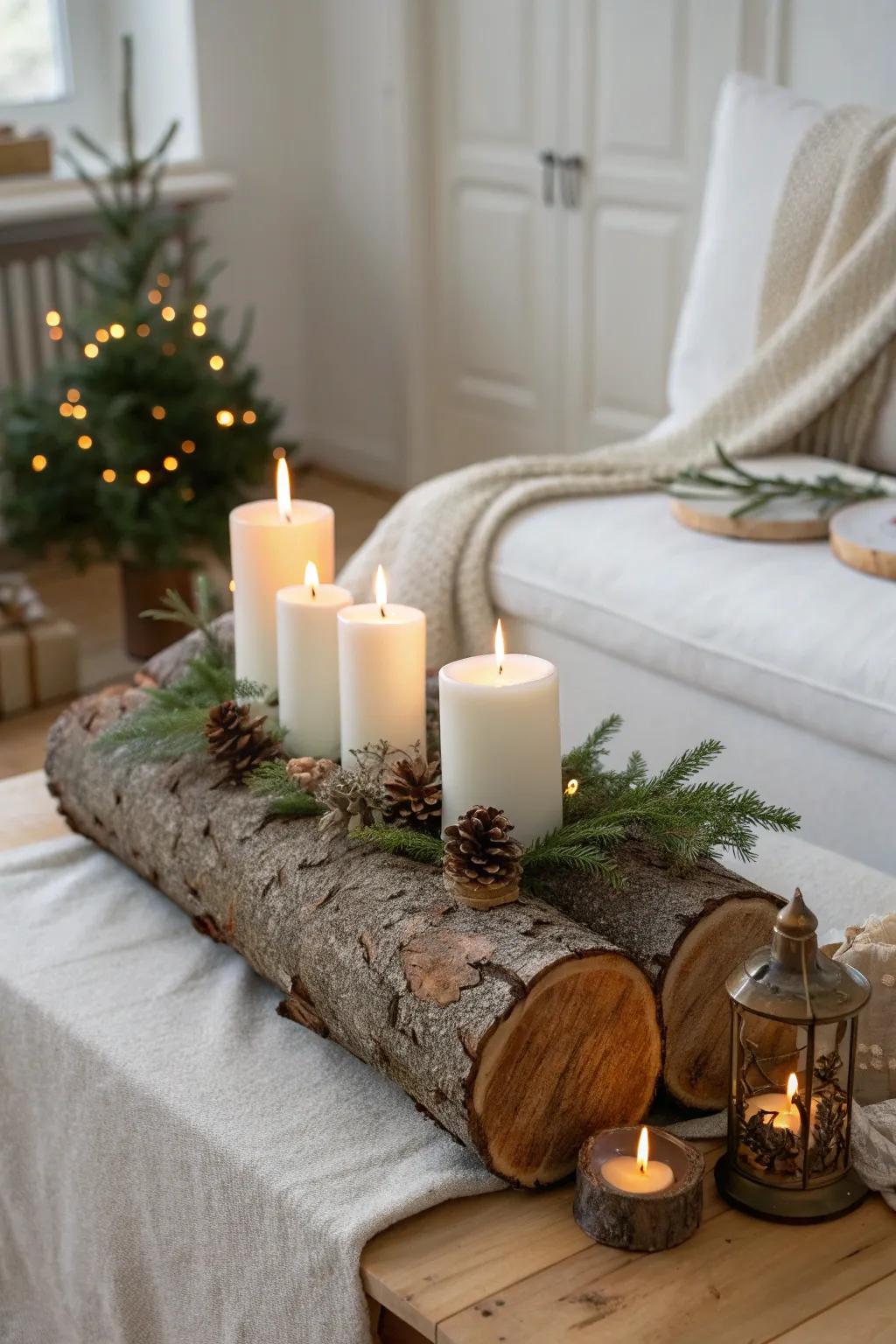 Illuminate your space with a yule log topped with glowing candles and festive greenery.
