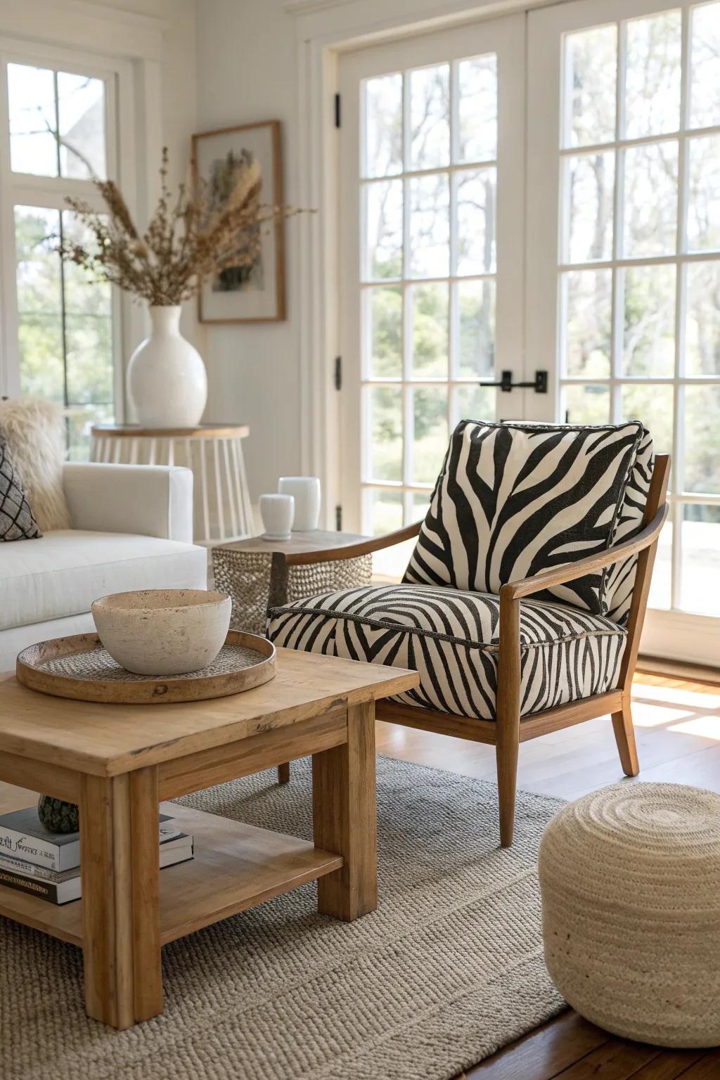 Zebra print upholstery adds a chic twist to classic furniture pieces, elevating your living room's style.