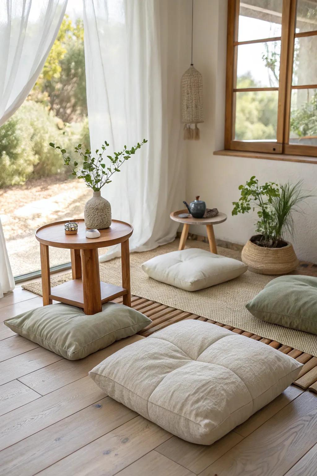 Sink into serenity with comfortable floor cushions in your zen corner.