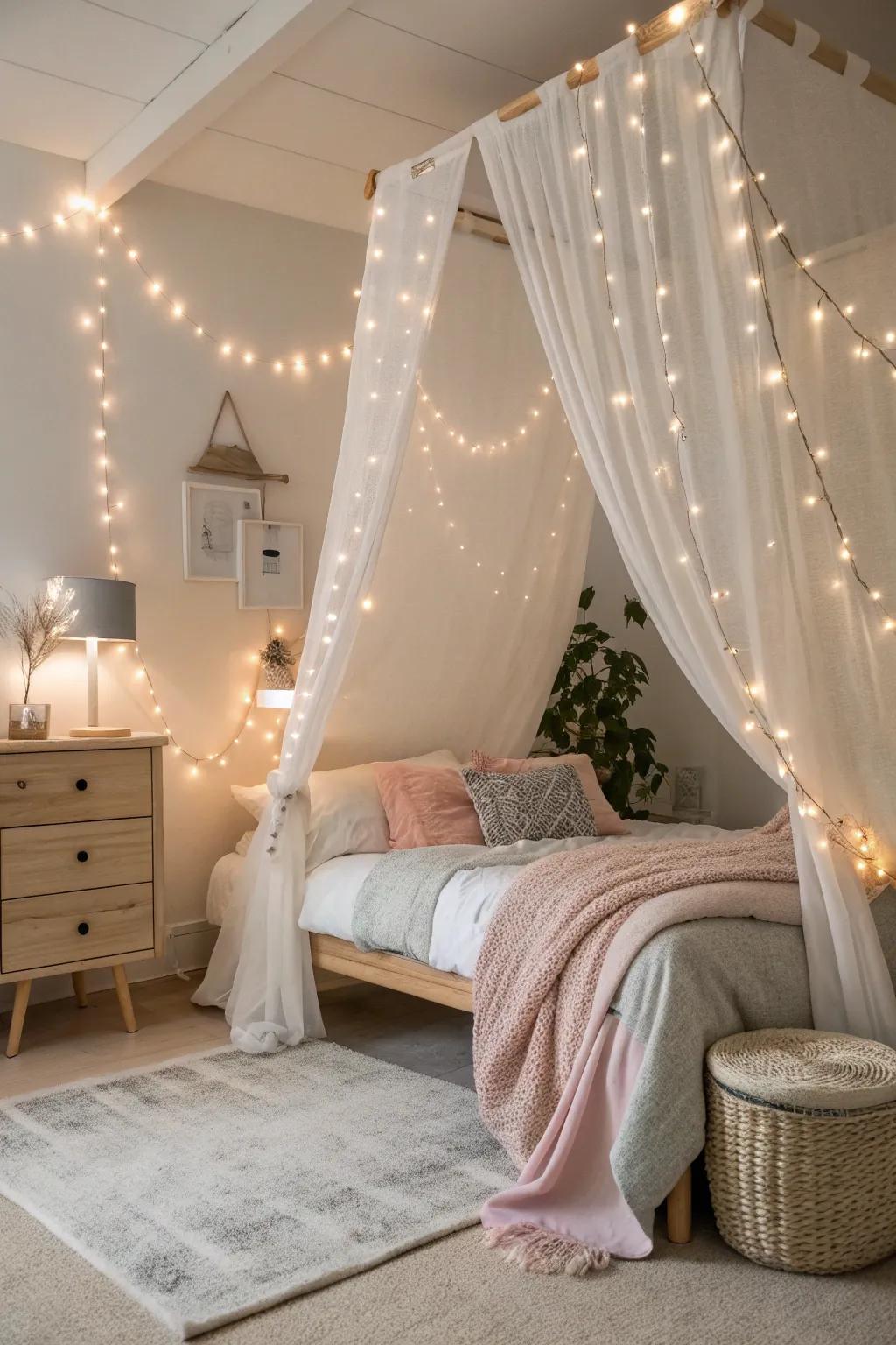 String lights weave magic into a teen's room, casting a dreamy glow perfect for cozy nights. ✨ #TeenBedroom #StringLights