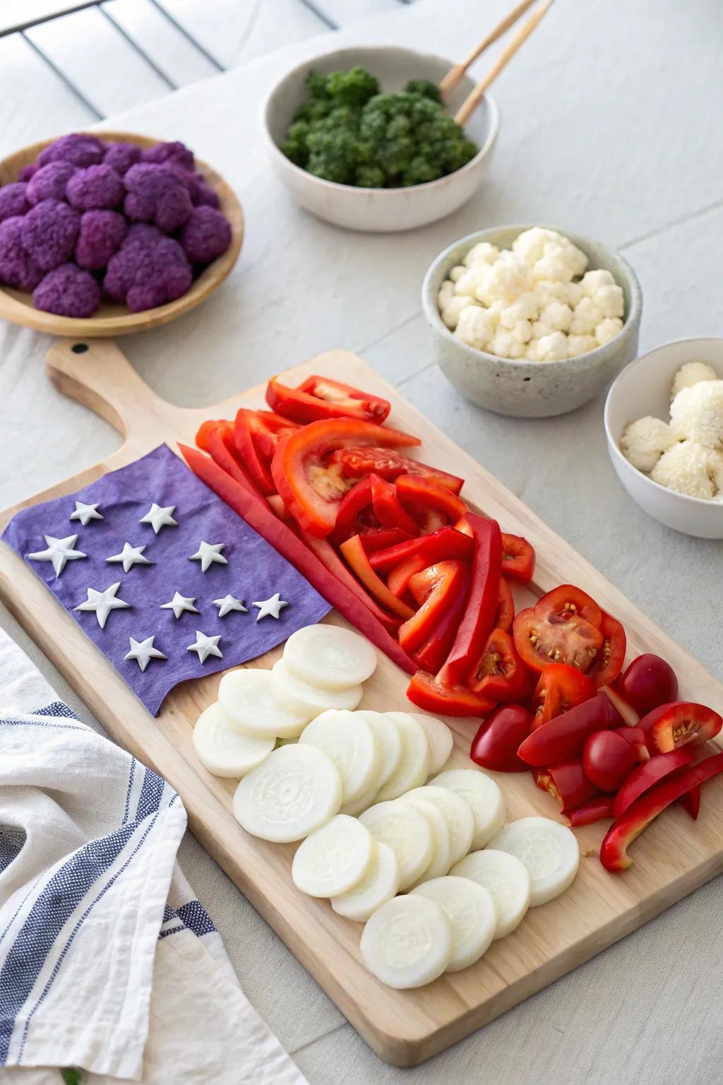 Brighten up your table with a rainbow veggie flag that’s as tasty as it is colorful. 🌈 #VeggieLove #4thOfJuly