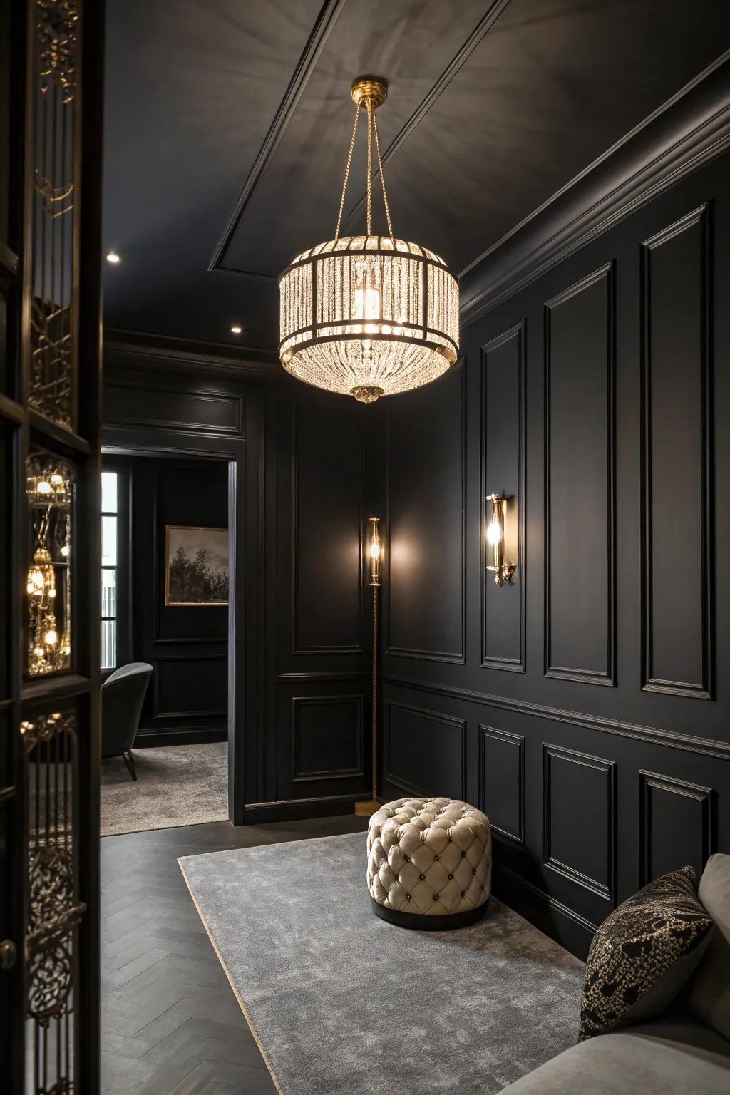 Modern pendant lights bring warmth and character to this stunning black room. #LightingDesign #HomeDecor