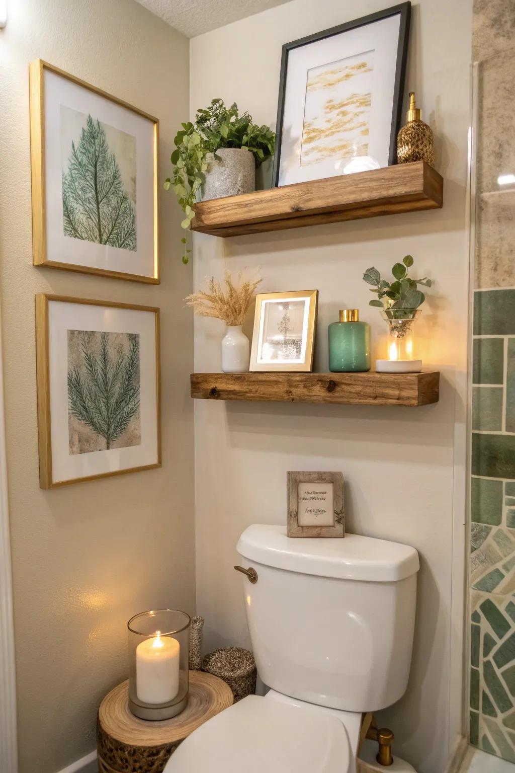 Floating shelves offer a perfect place to mix art with decor for a cozy vibe. 🌿🕯️ #BathroomDecor #FloatingShelves #HomeInspiration