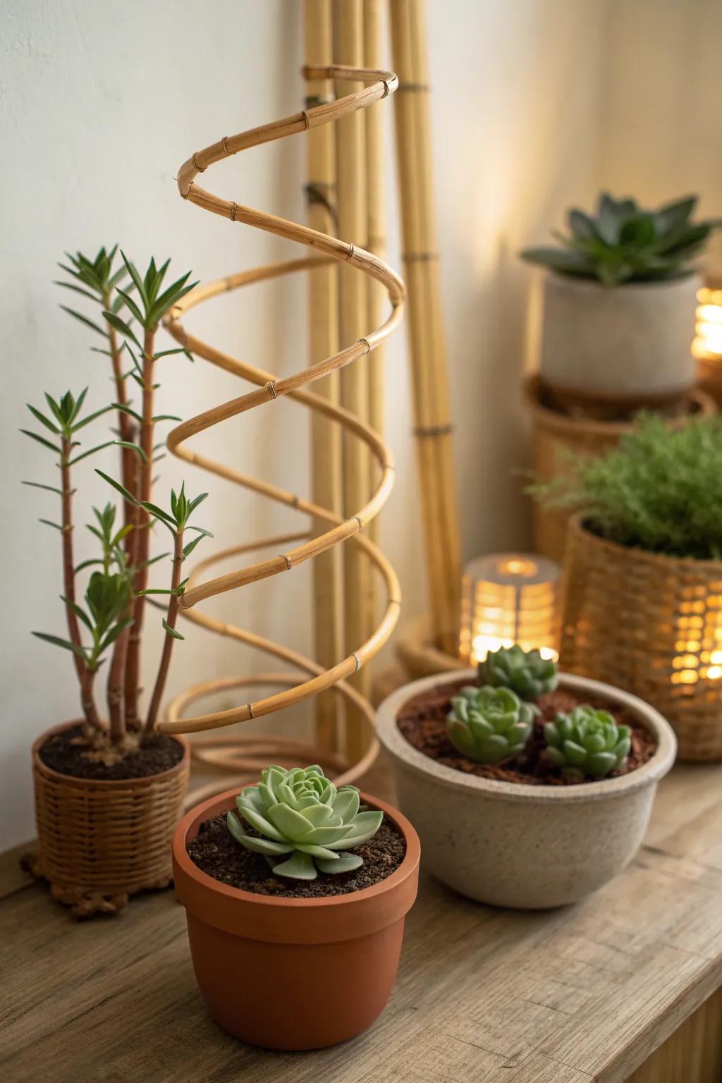 Create a captivating display with spiral bamboo plant holders and lush greenery. 🌿 #IndoorPlants #BambooDecor