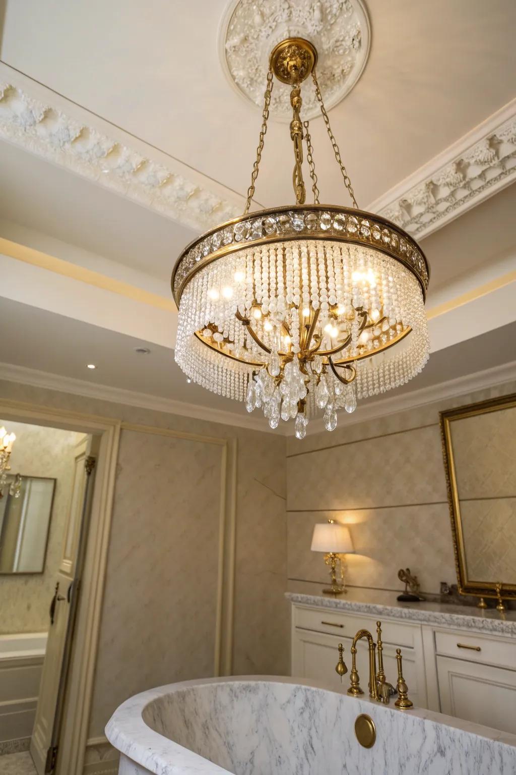 Bring luxury to your bathroom with an elegant chandelier for a spa-like experience. ✨ #BathroomGoals #ChandelierLove