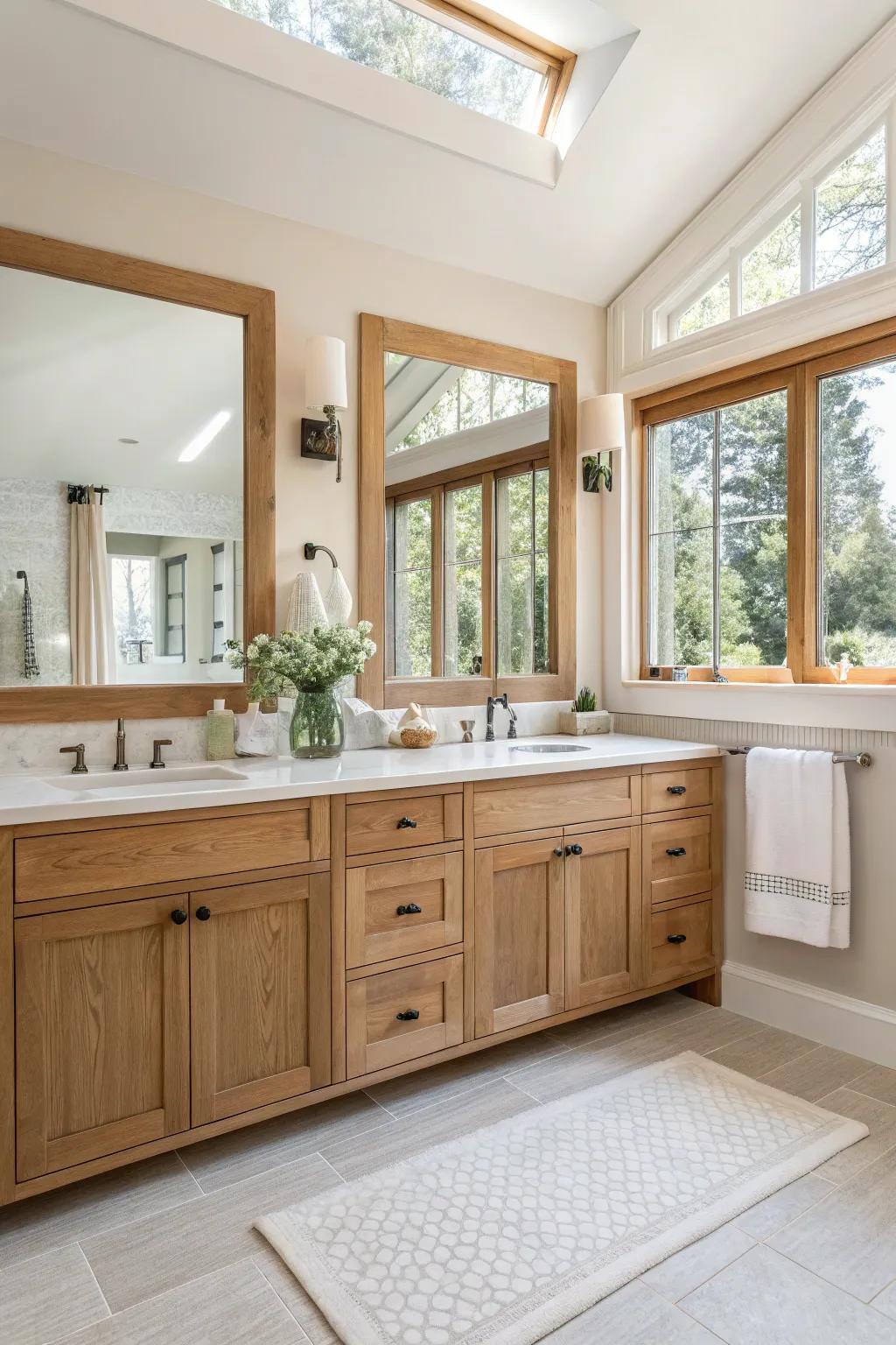 A large mirror above oak cabinets creates the illusion of space and enhances the room's brightness.