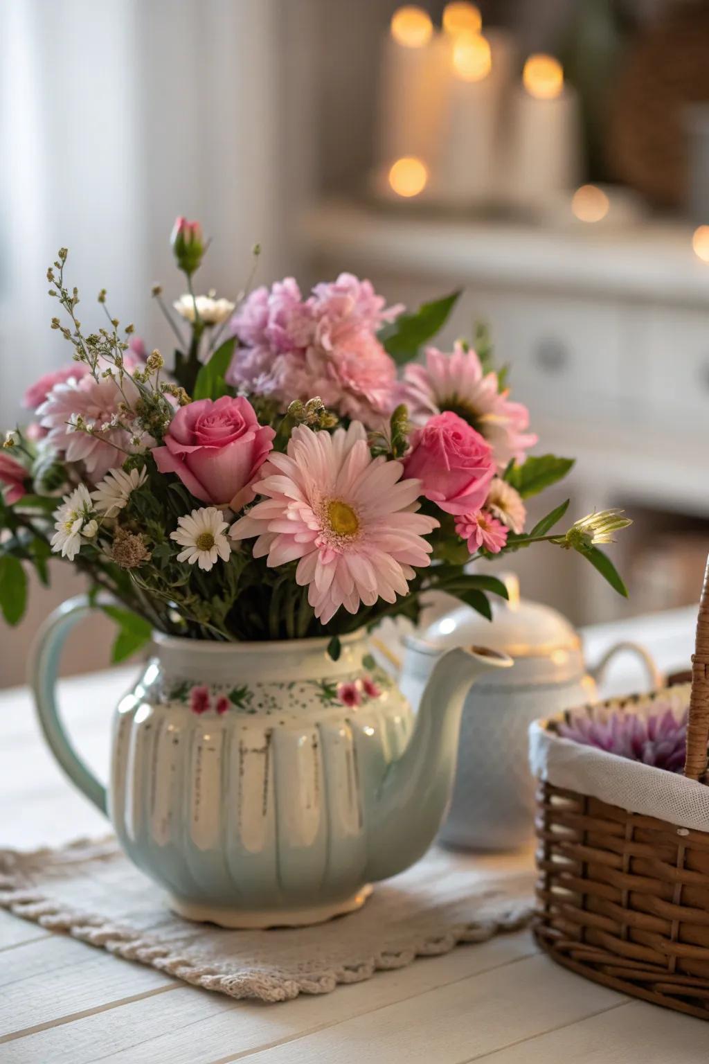 Creative containers like vintage teapots add a touch of whimsy to any floral display! 🌸 #FlowerPower #CreativeContainers