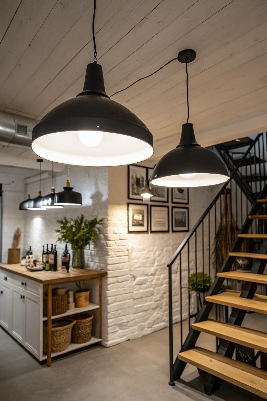 Illuminate your space with chic lighting fixtures that enhance the black and white aesthetic. 💡 #LightingDesign #BasementDecor