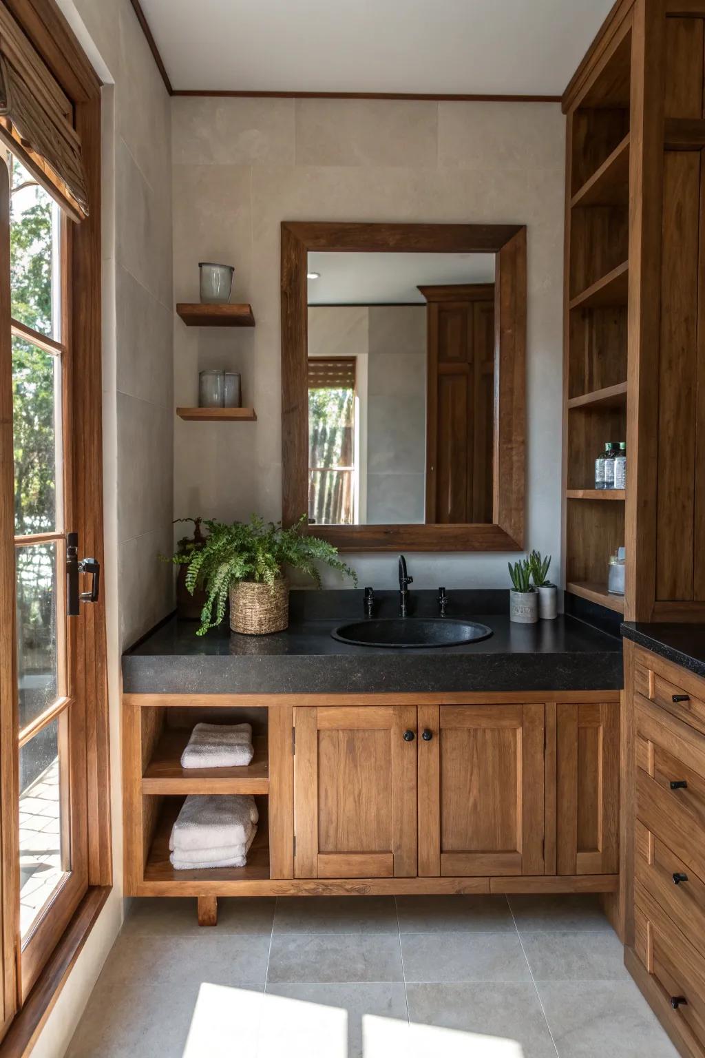 Bring warmth and texture to your bathroom with the perfect blend of black and wood. 🌿