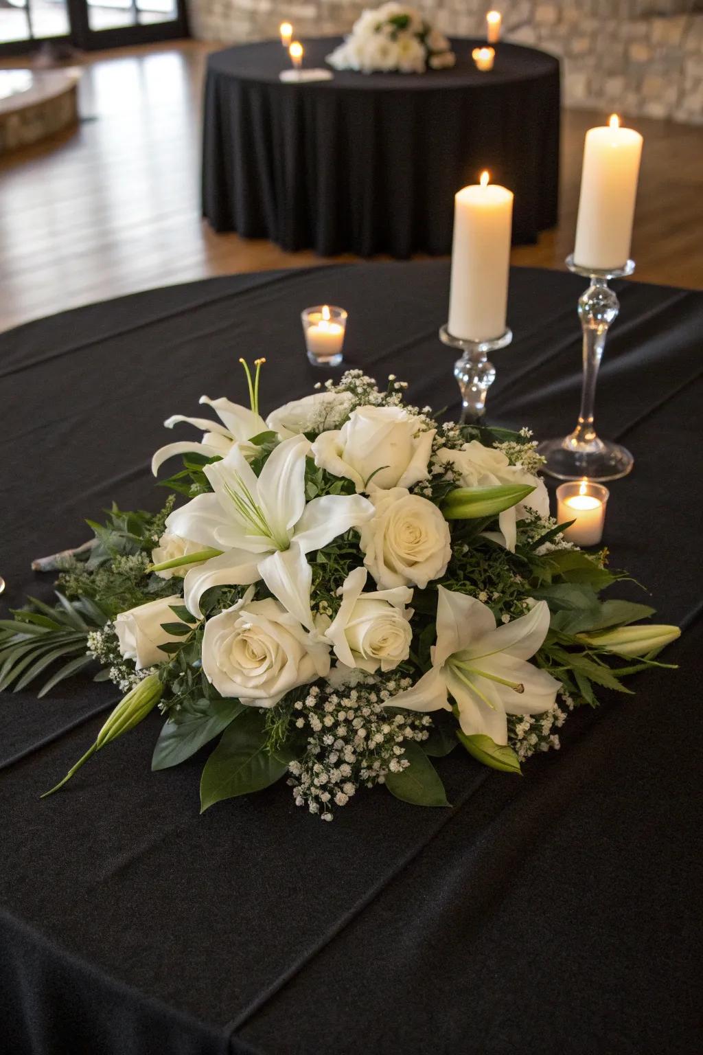 🌸 White flowers against a black tablecloth create a striking contrast. #FloralDesign #TableDecor