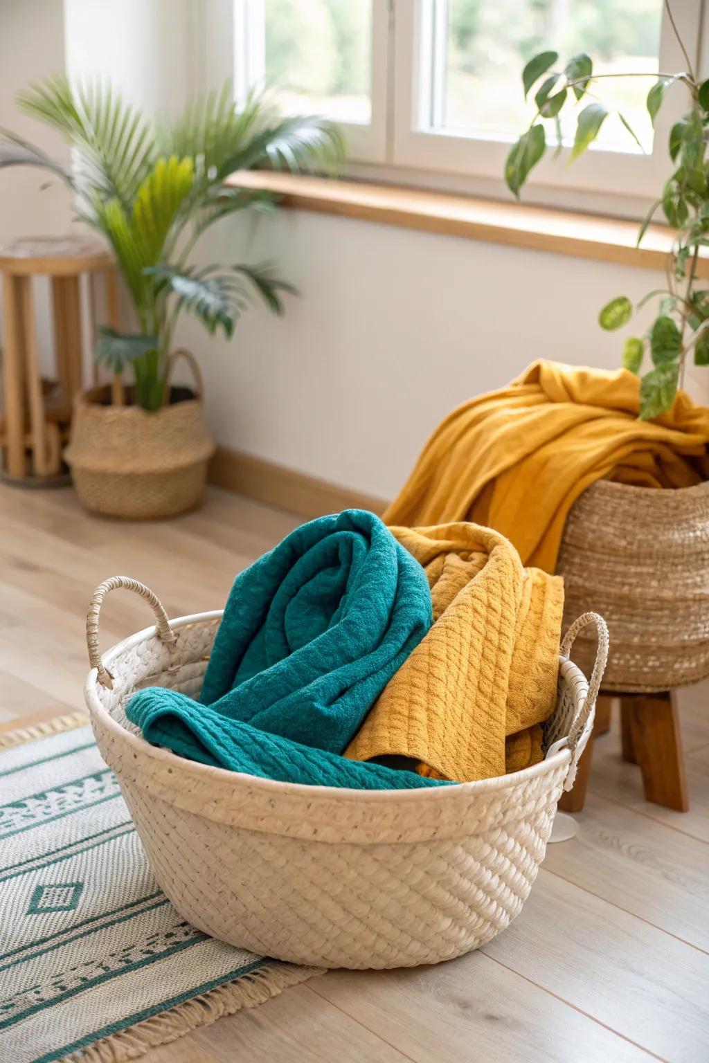 Bright blankets offer a cheerful contrast against neutral tones. 🎨 #ColorfulHome #InteriorInspiration