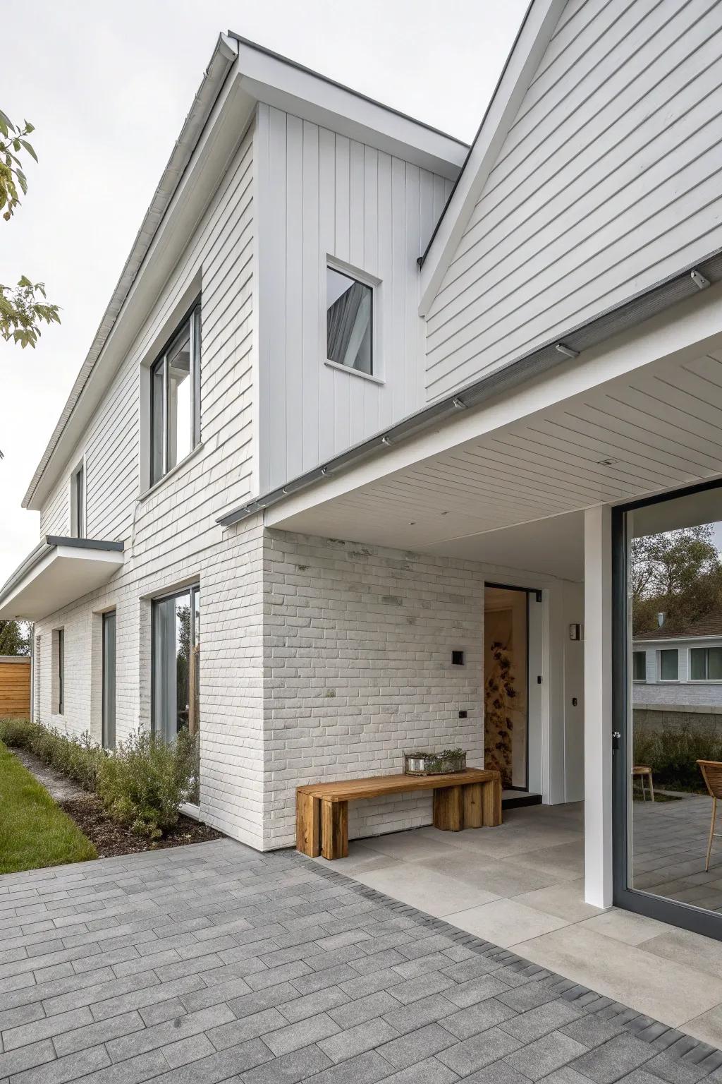Clean lines and fresh vibes with gray brick and white siding. 😊 #ModernDesign #HomeExterior #BrickLove