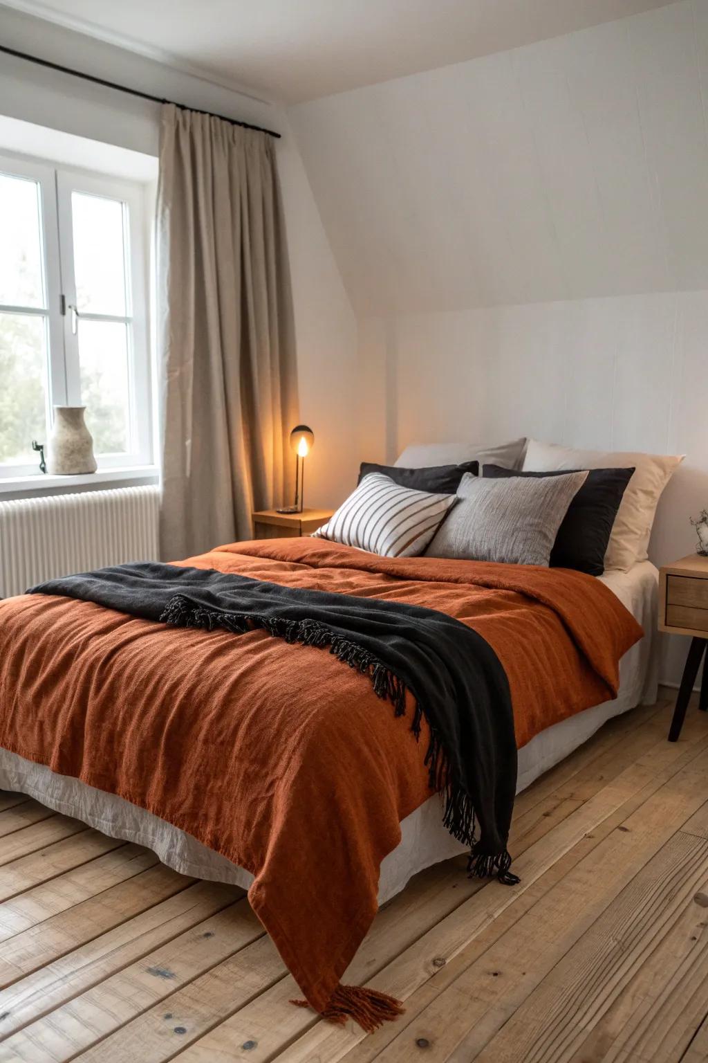 Layering textiles in burnt orange and black adds warmth and texture to your bedroom. 🧡🖤 #InteriorDesign #TextileLove #CozyVibes