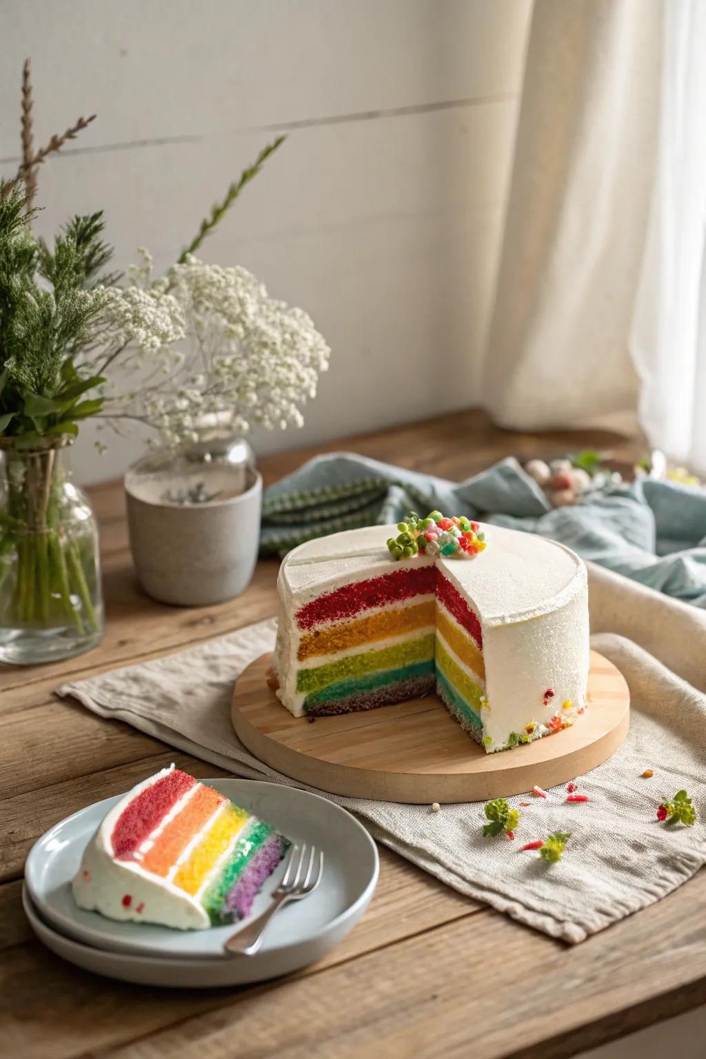 Surprise your guests with a burst of colors inside this vibrant layered cake! #RainbowCake #ColorfulDessert
