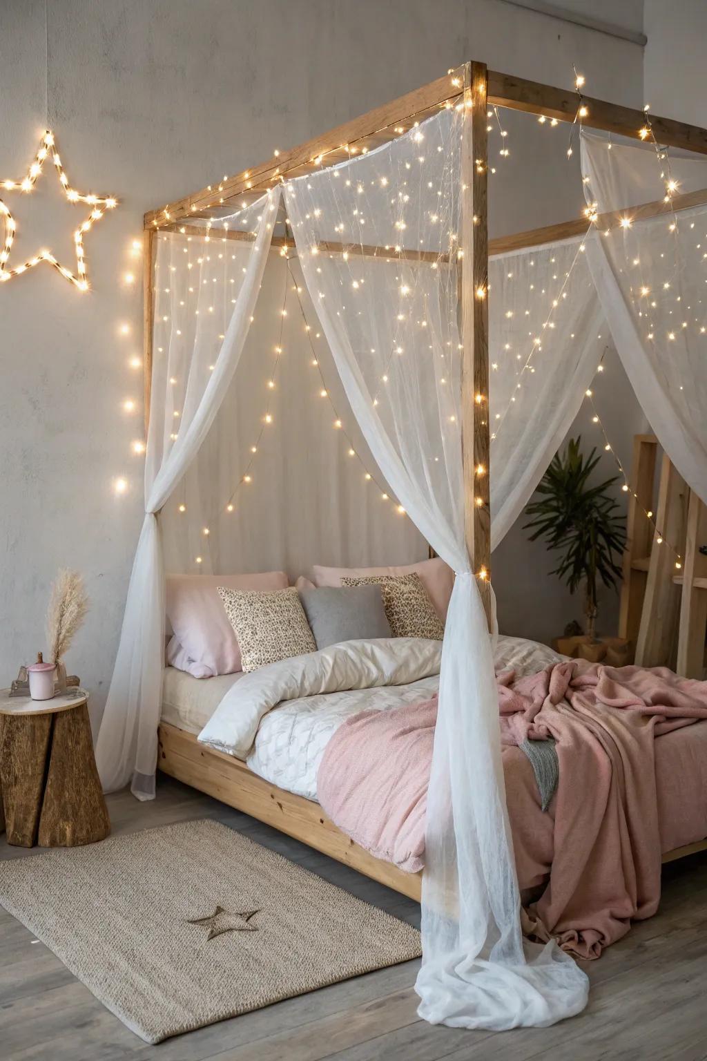 Twinkle, twinkle, fairy lights in a canopy bed. Turn nights into a celestial dreamscape. ✨ #StarryNights #FairyLights