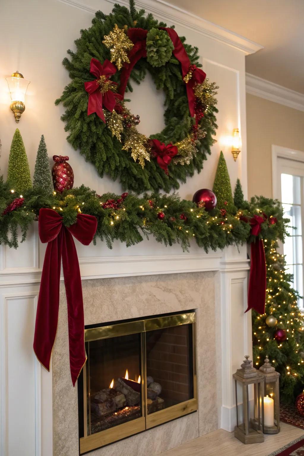 Let a stunning wreath crown your fireplace, adding elegance and charm to your holiday decor. 🎄 #WreathDecor #ChristmasCharm