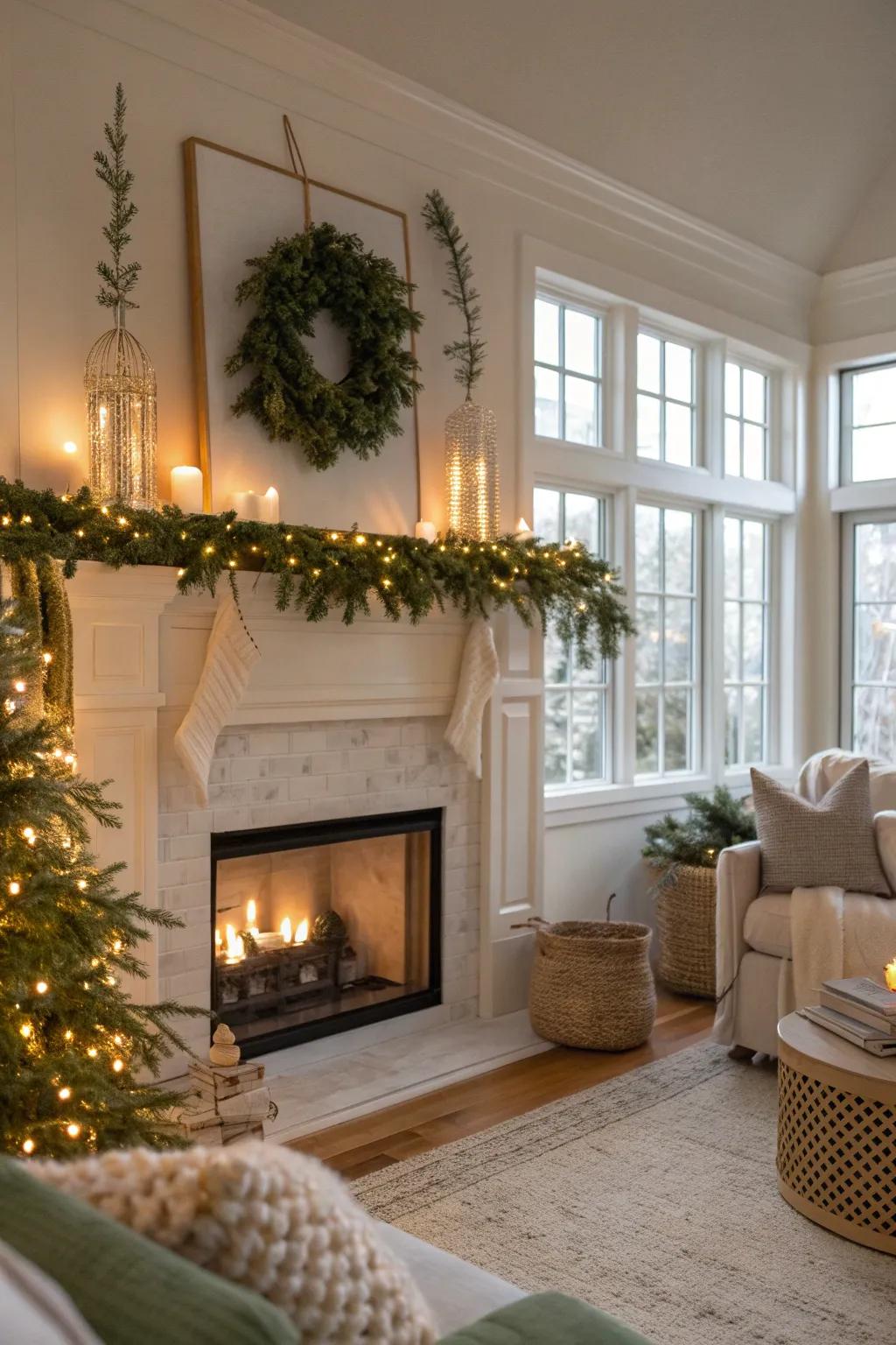 Frame your fireplace with a glowing garland for a touch of festive elegance. 🎄✨ #FireplaceDecor #MantelMagic #ChristmasCheer