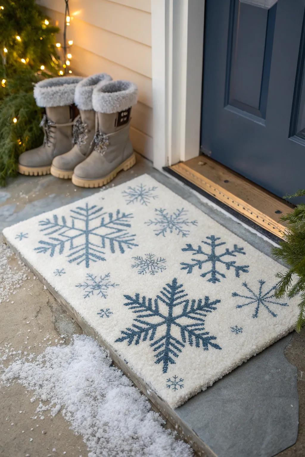 Capture the serene beauty of winter with a snowflake mat that sparkles with elegance. Let it welcome guests with frosty charm. #WinterWonderland ❄️