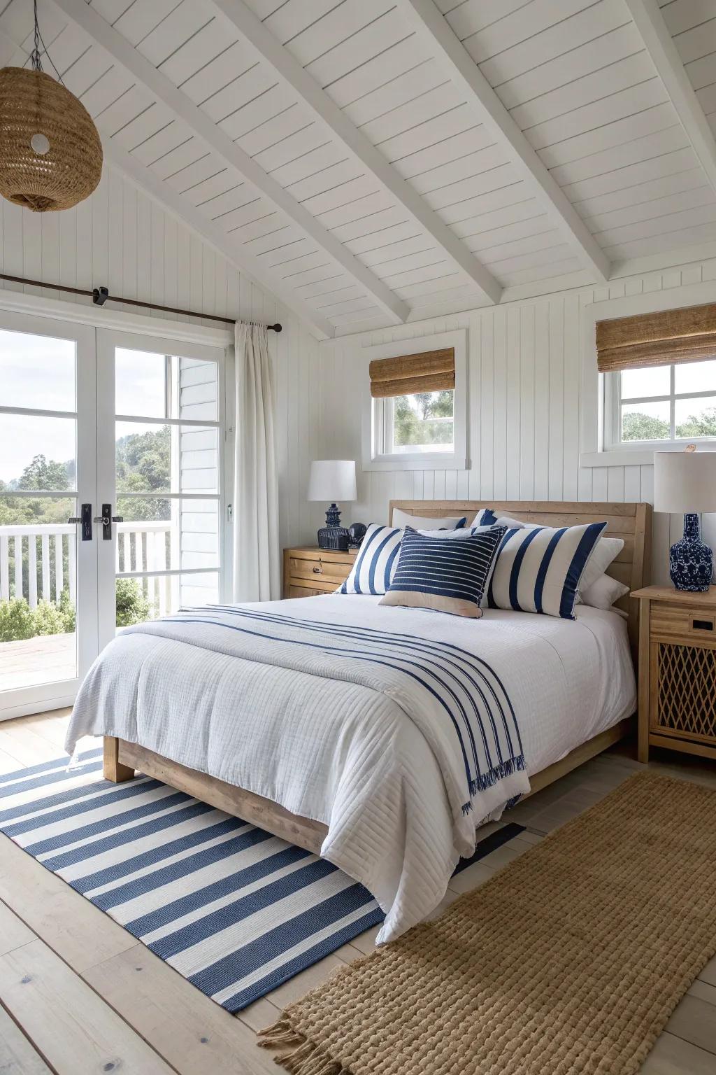Nautical stripes effortlessly bring a hint of marine magic to your bedroom decor. ⚓ #NauticalVibes #CoastalDecor