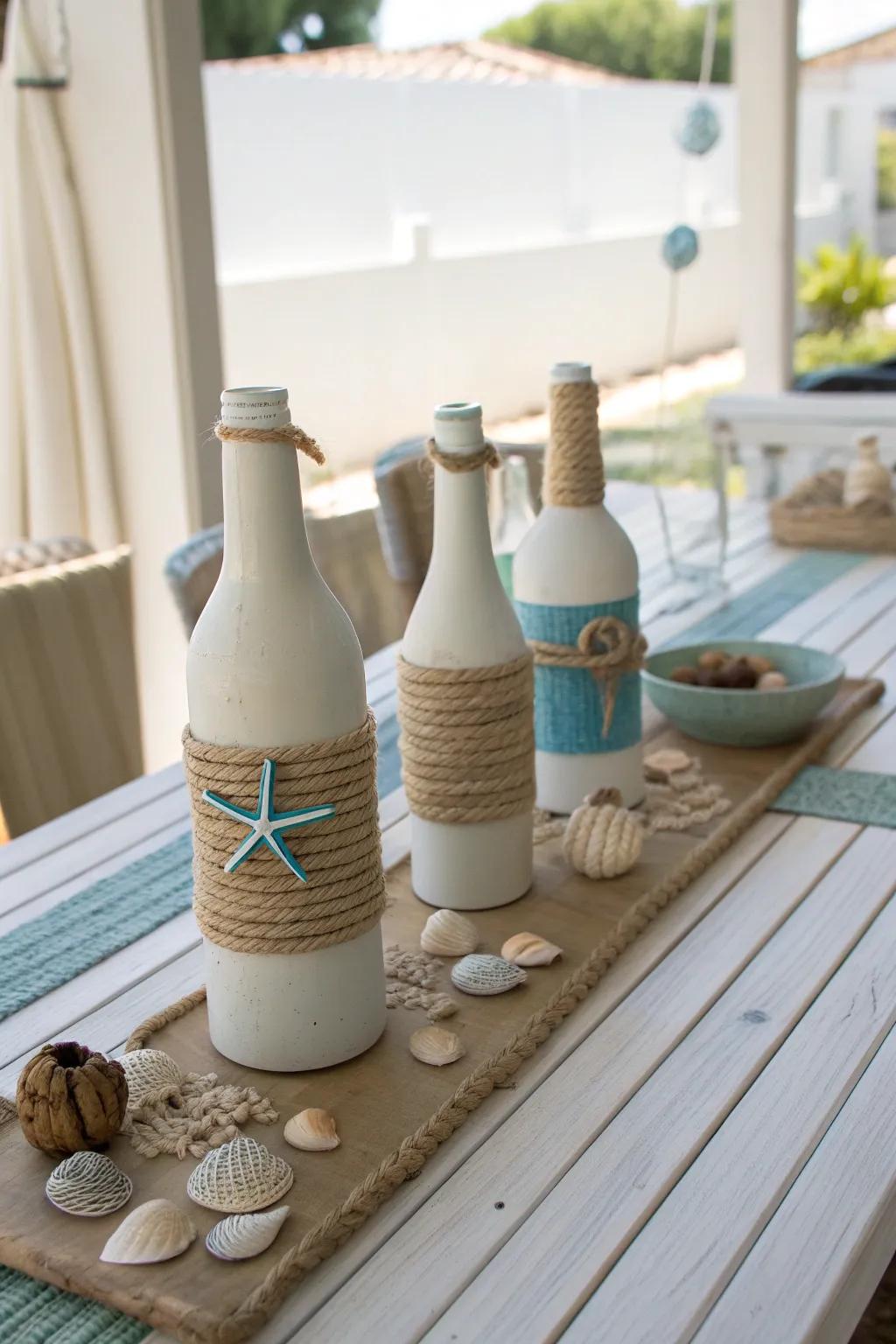 Nautical charm meets rustic elegance with rope-wrapped bottles. 🌊 #NauticalDecor #HomeInspiration