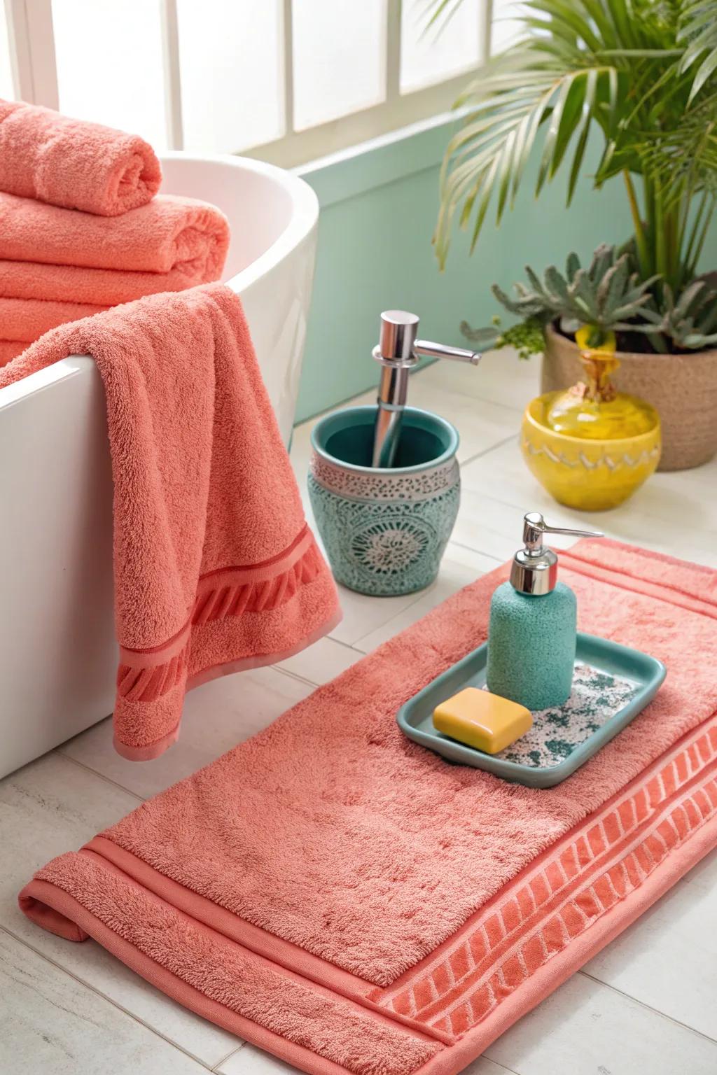 Coral accessories add a pop of color, instantly refreshing your bathroom decor. 🌟 #BathroomDecor #CoralAccents #HomeStyle