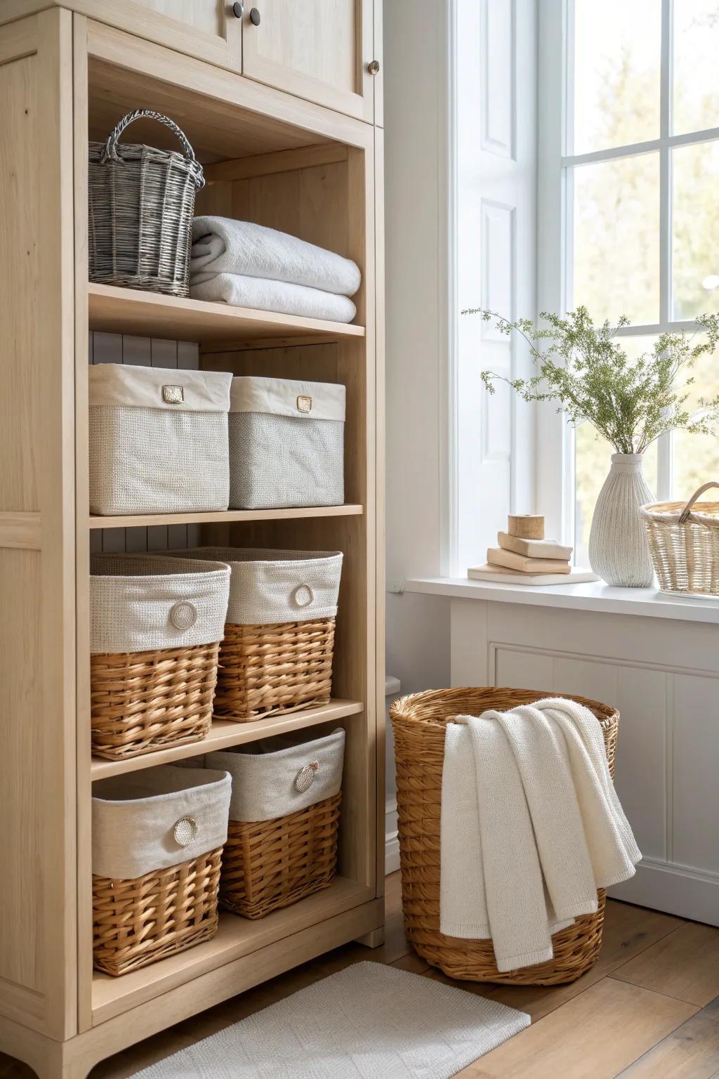 Embrace the magic of baskets and bins for a clutter-free cupboard experience.