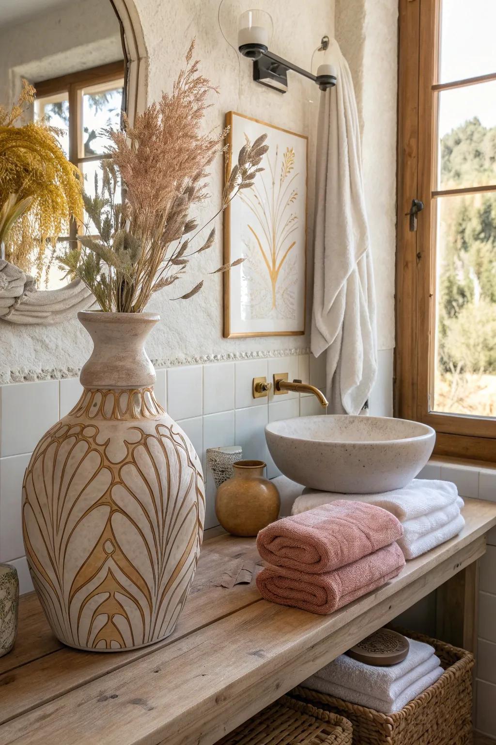 Artful decor transforms a simple bathroom into an elevated, personalized sanctuary. 🎨 #BathroomArt #EclecticDesign