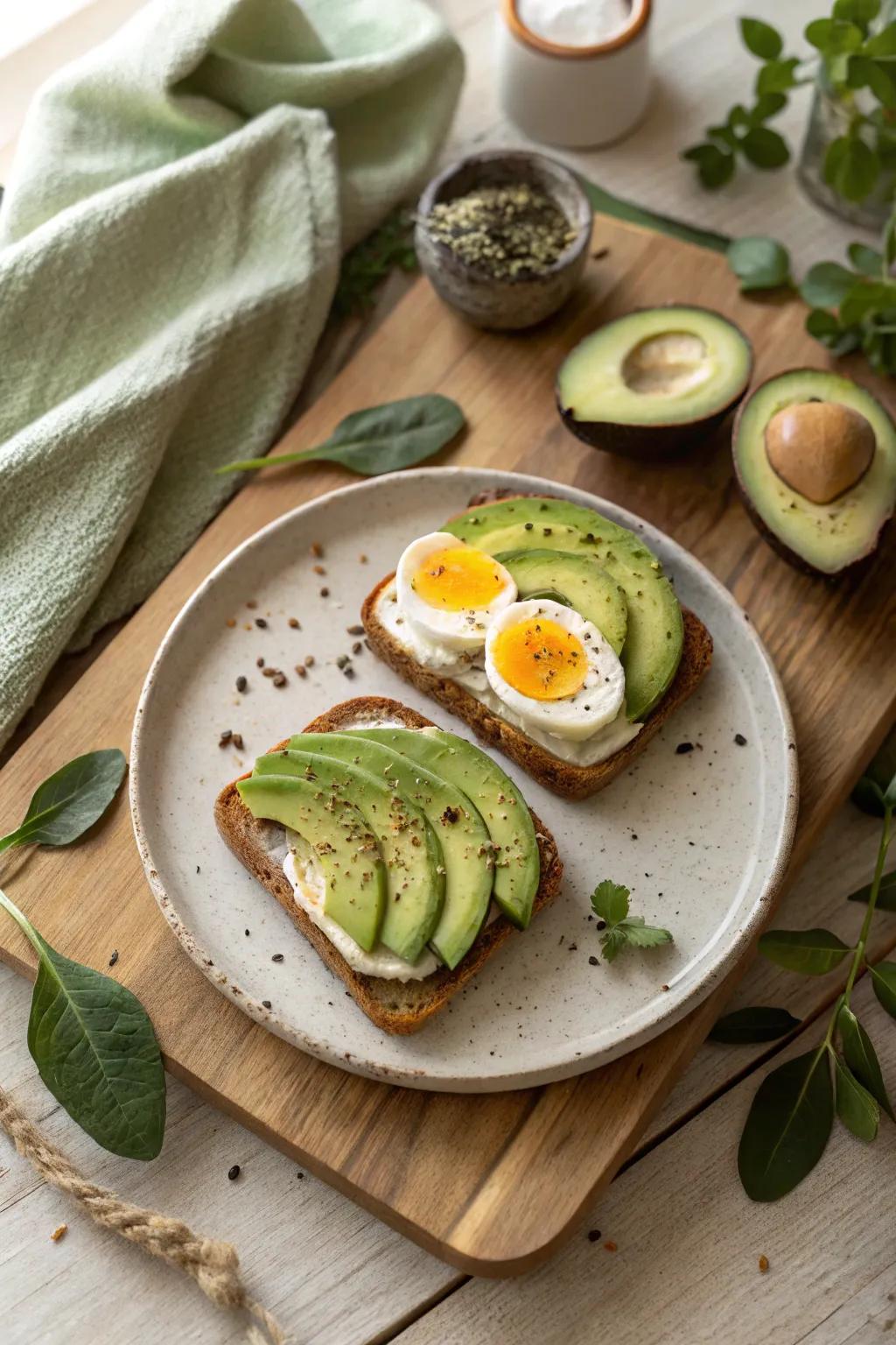Enjoy a modern twist on breakfast with avocado and eggs on toast, offering a creamy and nutritious bite. 🥑🍞 #AvocadoToast #BreakfastInspiration