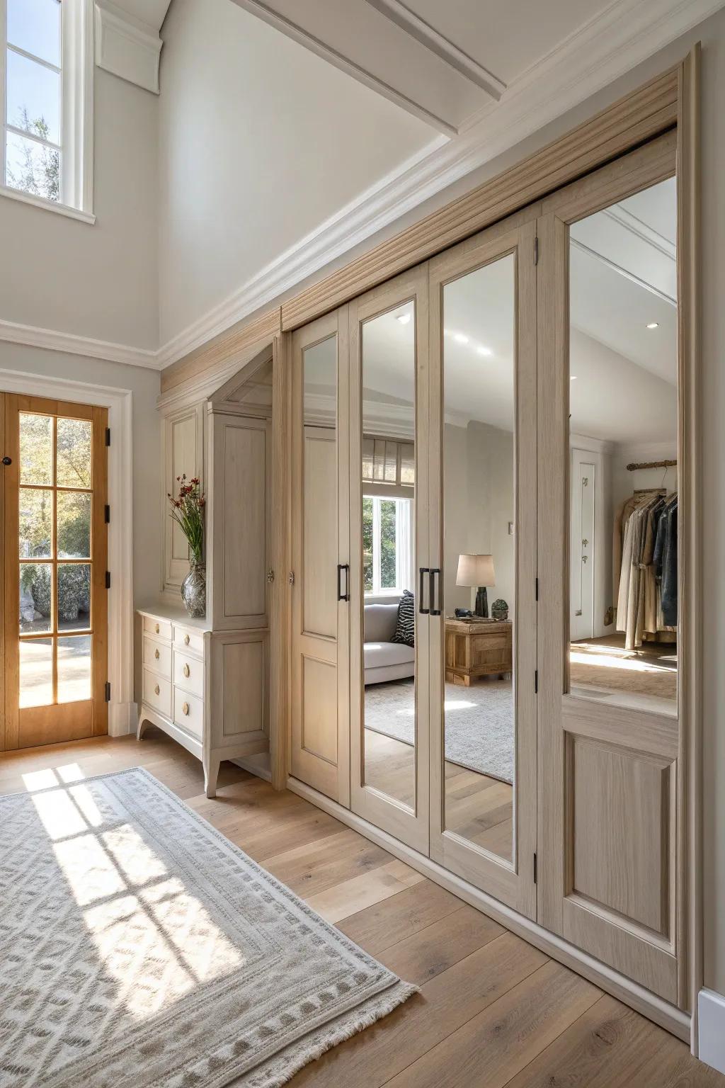 Enhance your entryway with mirrored closet doors that reflect light and style. #InteriorDesign #BrightSpaces #HomeDecor