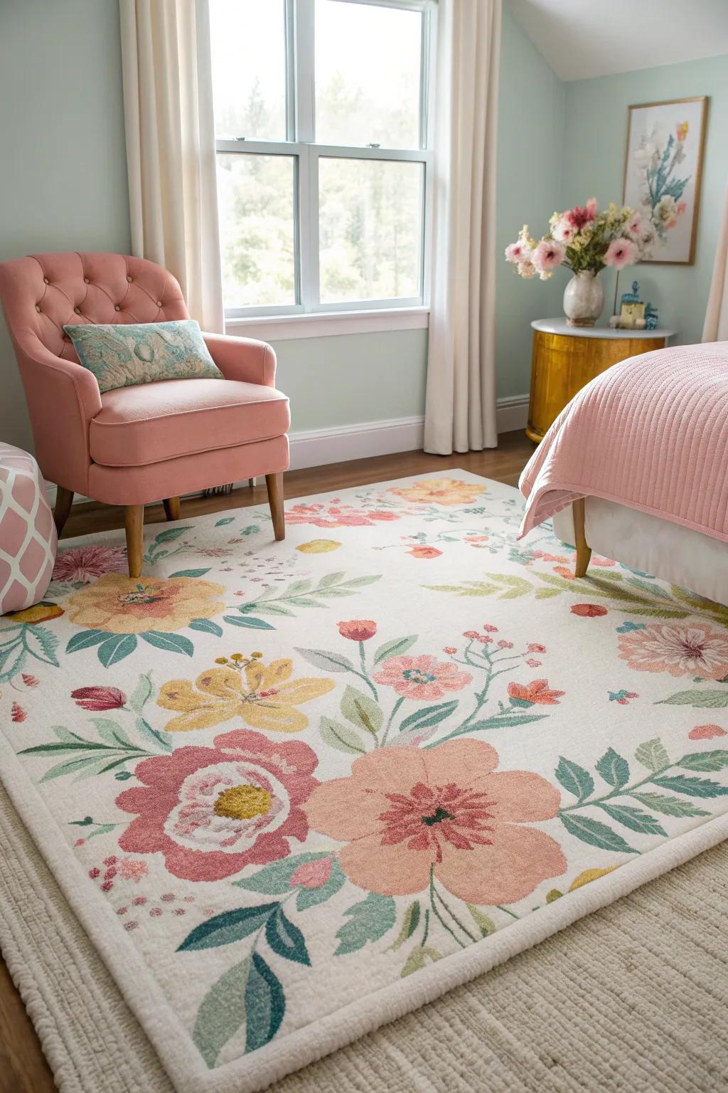 A floral accent rug adds warmth and texture to your bedroom floor. 🌺 #FloralDecor #InteriorInspiration
